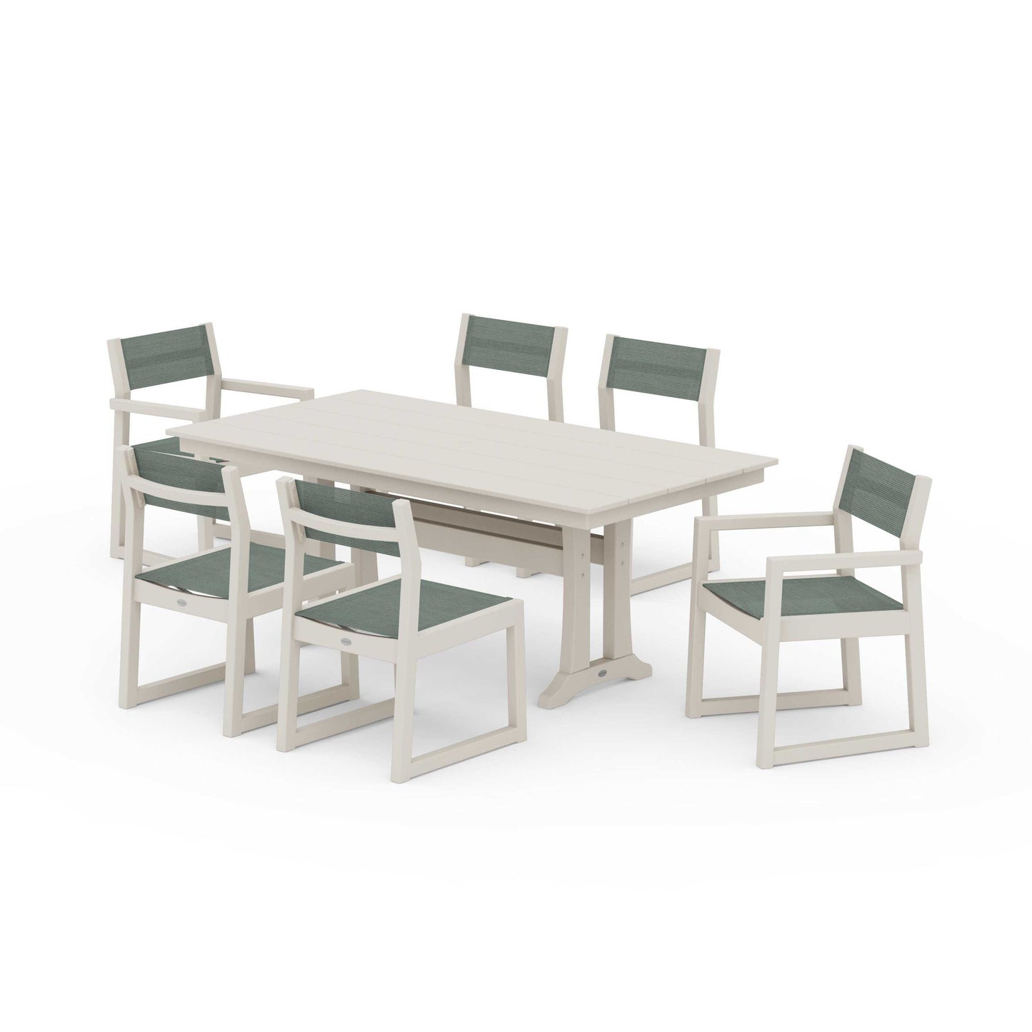 POLYWOOD EDGE Sling 7-Piece Farmhouse Trestle Dining Set — Sand / Dupioni Sea Mist Sling