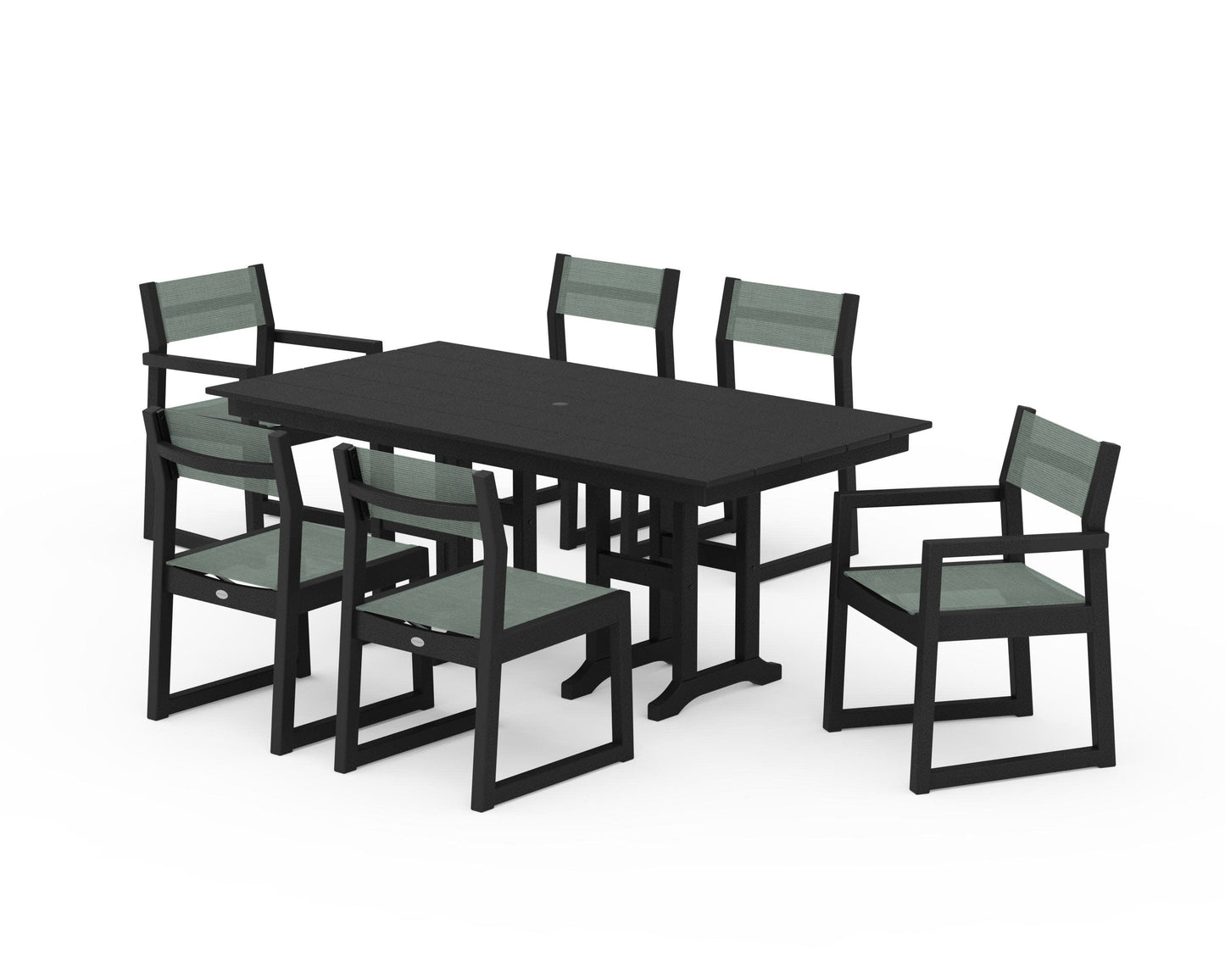 POLYWOOD EDGE Sling 7-Piece Farmhouse Dining Set — Black / Dupioni Sea Mist Sling