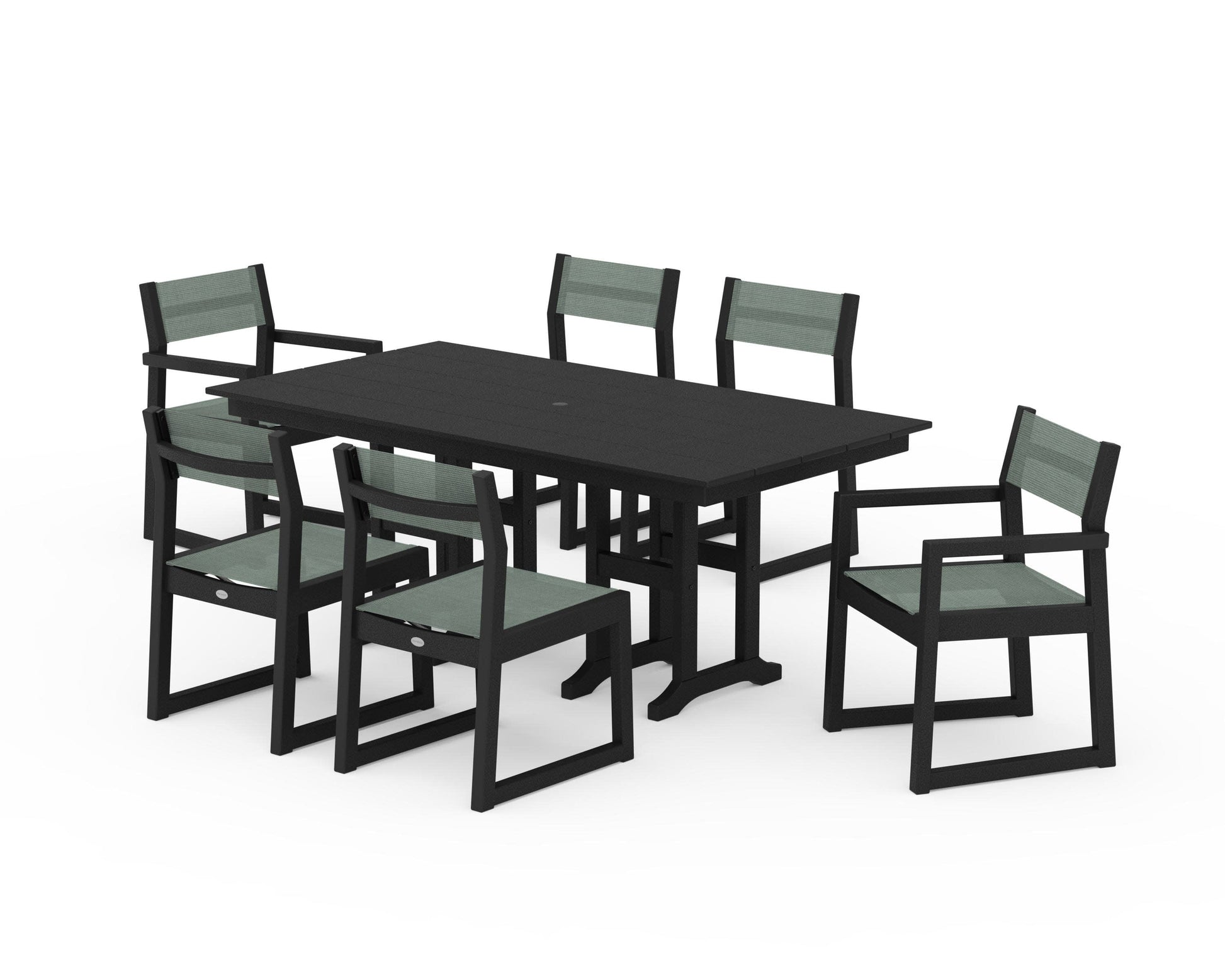 POLYWOOD EDGE Sling 7-Piece Farmhouse Dining Set — Black / Dupioni Sea Mist Sling