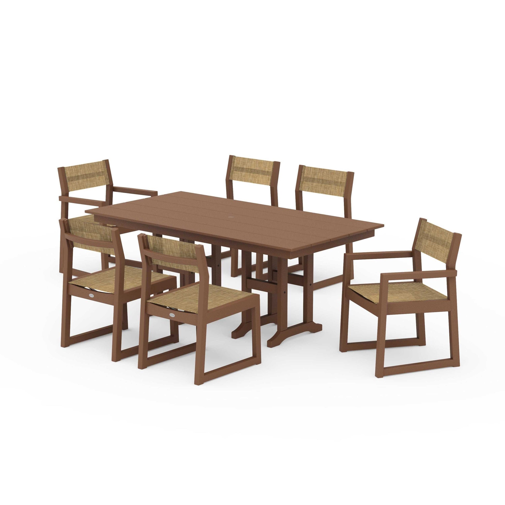 POLYWOOD EDGE Sling 7-Piece Farmhouse Dining Set — Teak / Burlap Sling