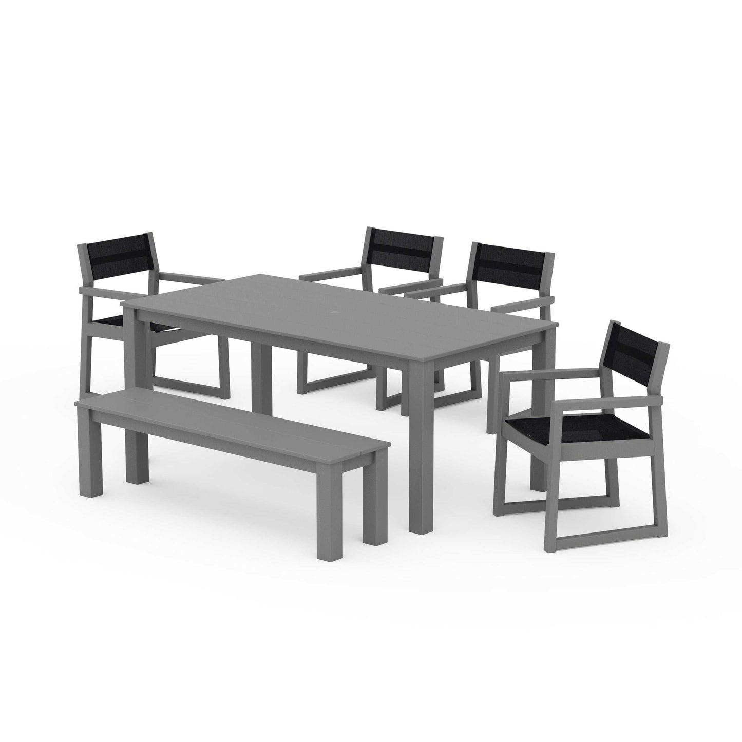POLYWOOD EDGE Sling Arm Chair 6-Piece Parsons Dining Set with Bench — Slate Grey / Black Sling