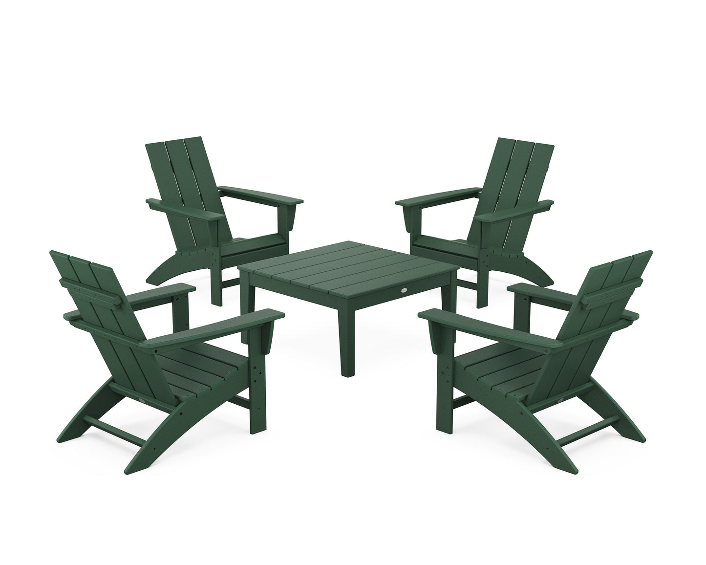 POLYWOOD 5-Piece Modern Adirondack Chair Conversation Set with 36" Conversation Table — Green