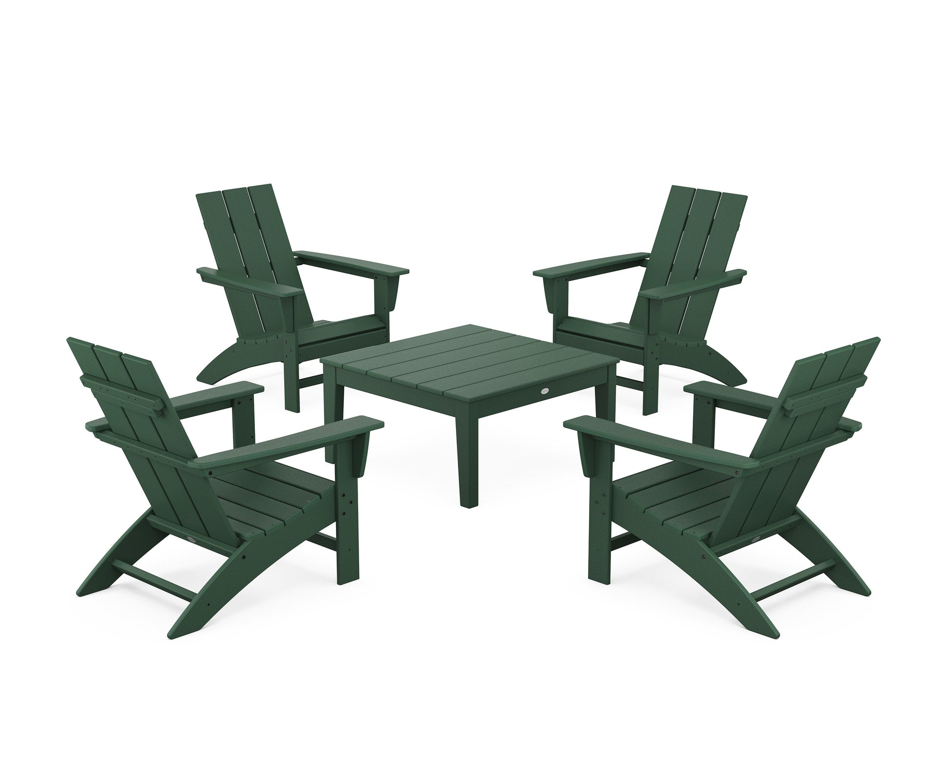 POLYWOOD 5-Piece Modern Adirondack Chair Conversation Set with 36" Conversation Table — Green