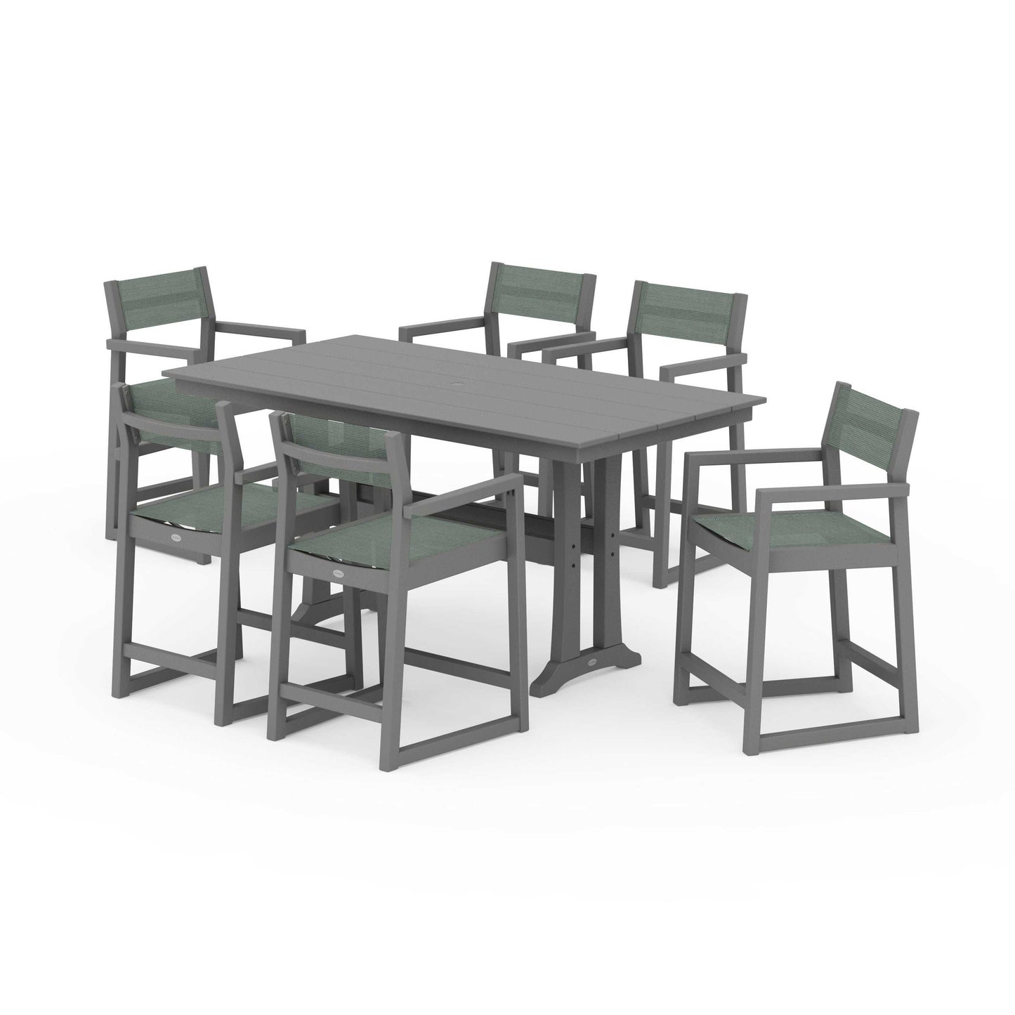 POLYWOOD EDGE Sling Arm Chair 7-Piece Farmhouse Counter Set with Trestle Legs — Slate Grey / Dupioni Sea Mist Sling