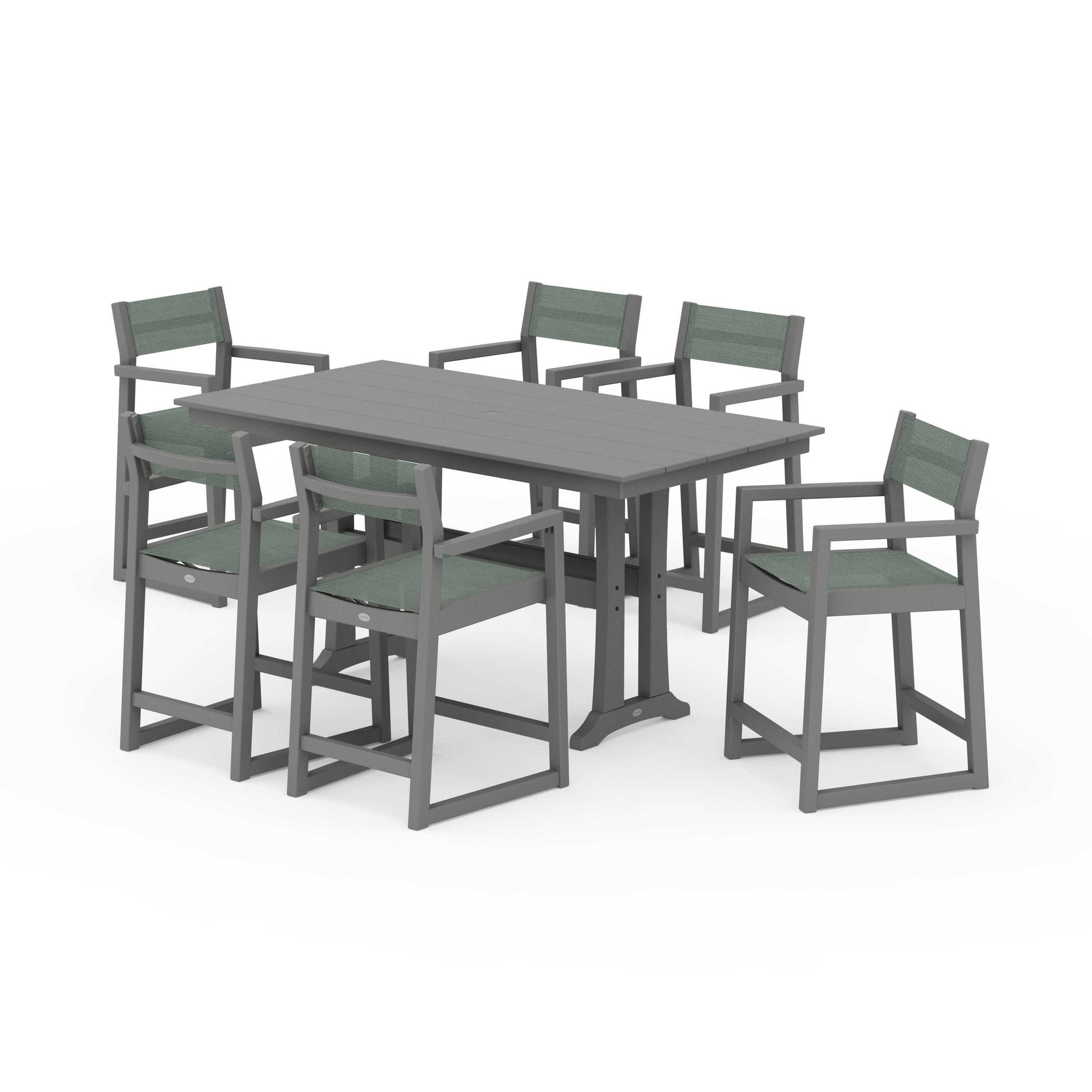 POLYWOOD EDGE Sling Arm Chair 7-Piece Farmhouse Counter Set with Trestle Legs — Slate Grey / Dupioni Sea Mist Sling