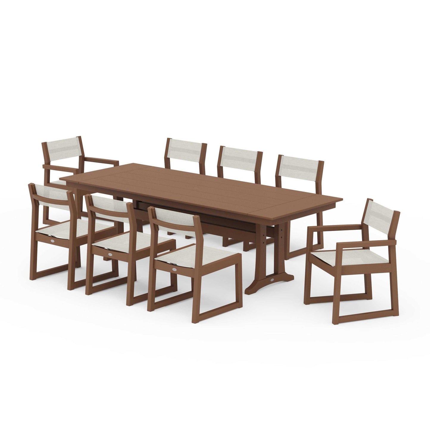 POLYWOOD EDGE Sling 9-Piece Farmhouse Trestle Dining Set — Teak / Parchment Sling