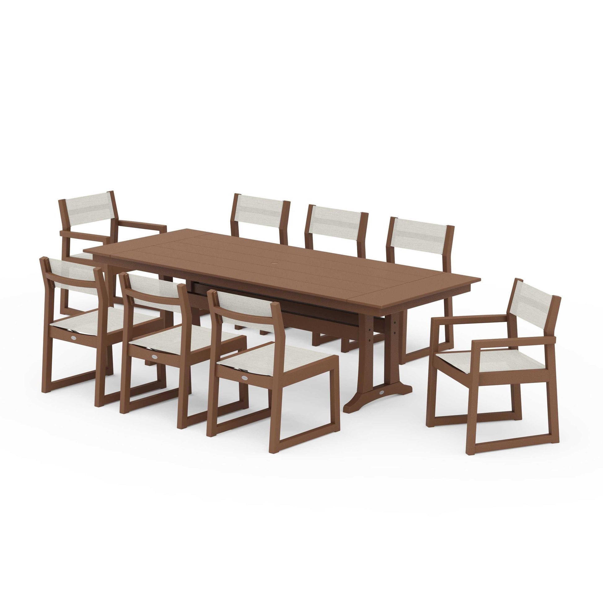 POLYWOOD EDGE Sling 9-Piece Farmhouse Trestle Dining Set — Teak / Parchment Sling