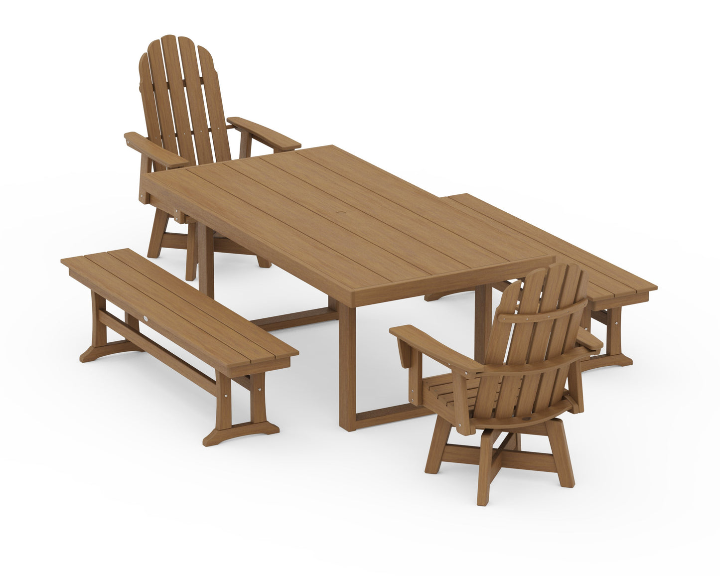 POLYWOOD Vineyard Curveback Adirondack Swivel Chair 5-Piece Dining Set with Benches — Natural