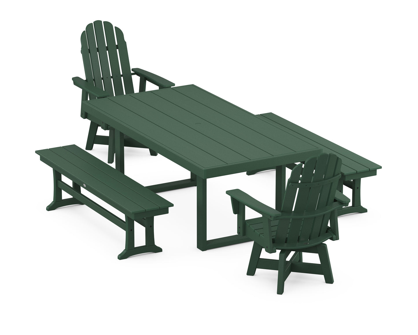 POLYWOOD Vineyard Curveback Adirondack Swivel Chair 5-Piece Dining Set with Benches — Green