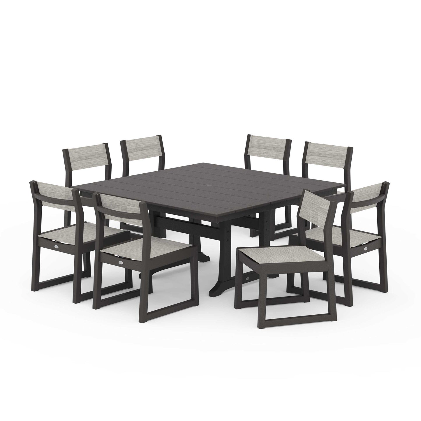 POLYWOOD EDGE Sling Side Chair 9-Piece Farmhouse Trestle Dining Set — Vintage Coffee / Birch Sling