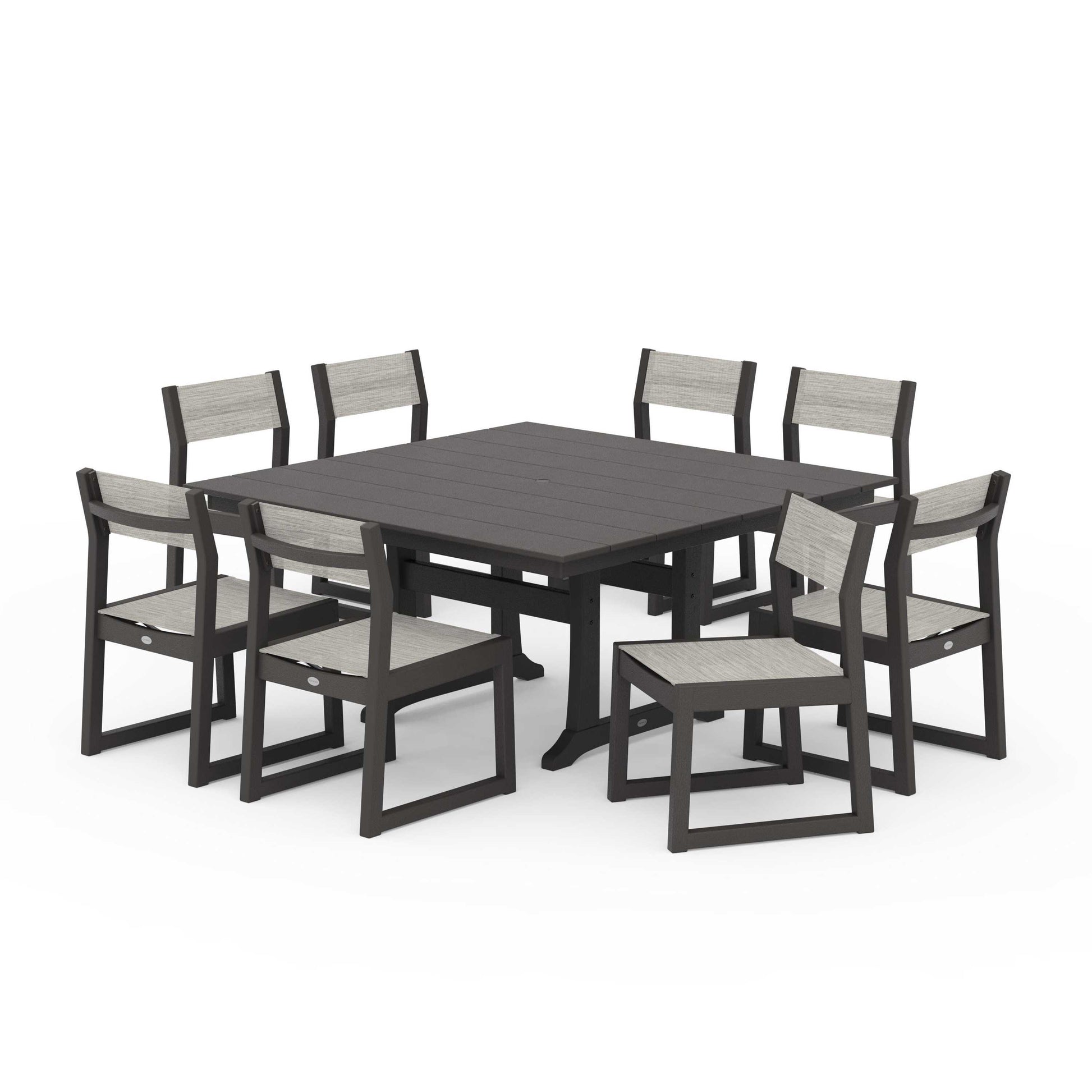 POLYWOOD EDGE Sling Side Chair 9-Piece Farmhouse Trestle Dining Set — Vintage Coffee / Birch Sling