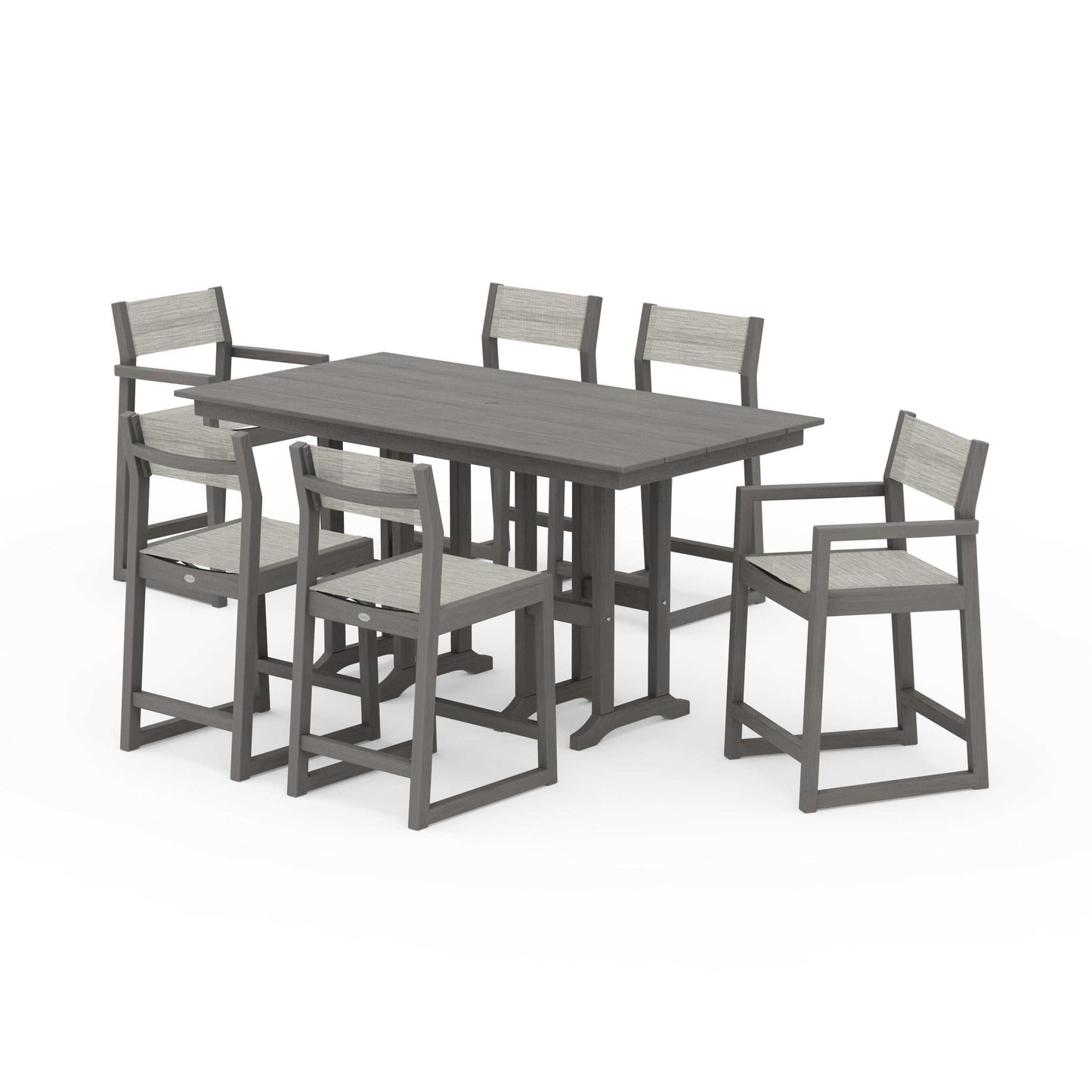 POLYWOOD EDGE Sling 7-Piece Farmhouse Counter Set with Trestle Legs — Driftwood / Birch Sling