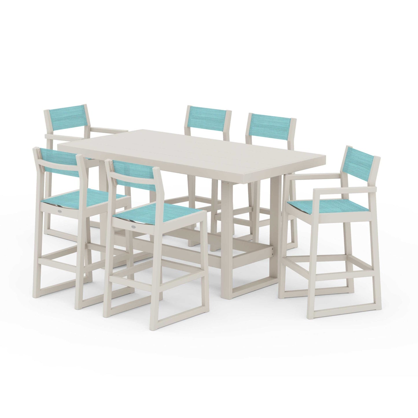 POLYWOOD EDGE Sling 7-Piece Bar Table Set — Sand / Dupioni Aquamarine Sling