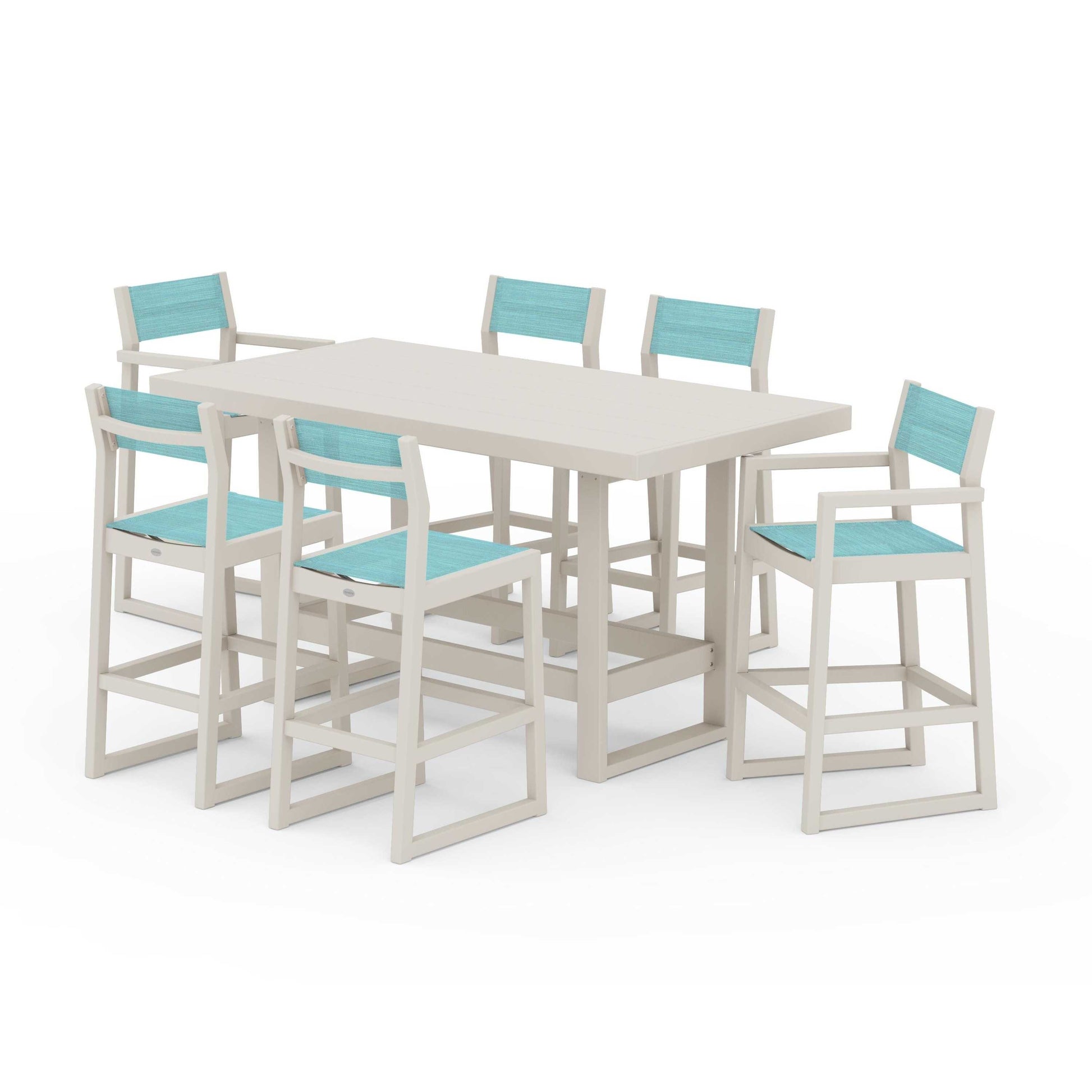 POLYWOOD EDGE Sling 7-Piece Bar Table Set — Sand / Dupioni Aquamarine Sling