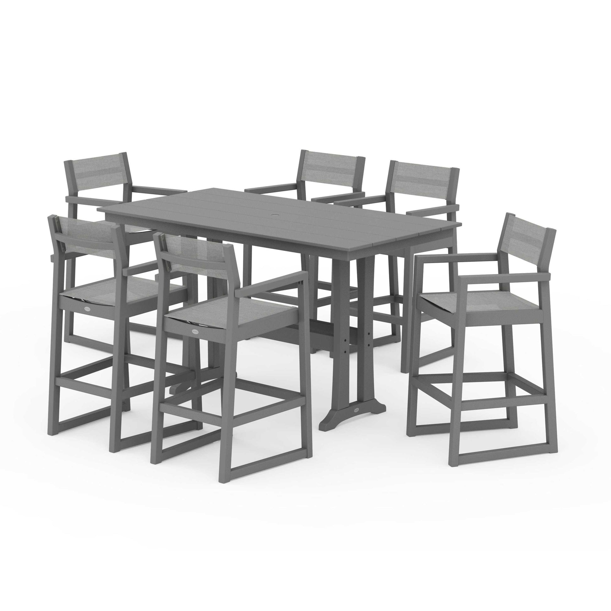 POLYWOOD EDGE Sling Arm Chair 7-Piece Farmhouse Bar Set with Trestle Legs — Slate Grey / Metallic Sling