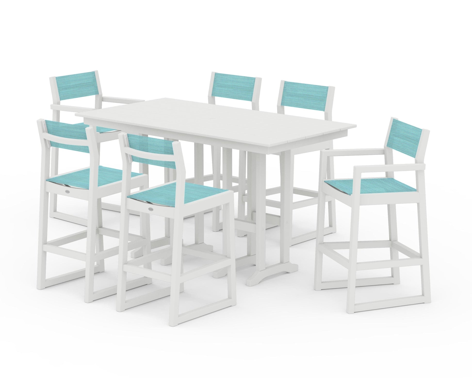POLYWOOD EDGE Sling 7-Piece Farmhouse Bar Set — Vintage White / Dupioni Aquamarine Sling