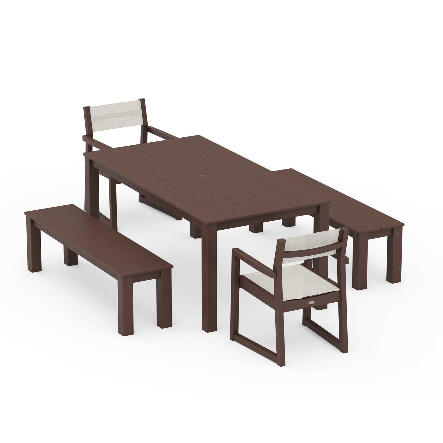POLYWOOD EDGE Sling Arm Chair 5-Piece Parsons Dining Set with Benches — Mahogany / Parchment Sling