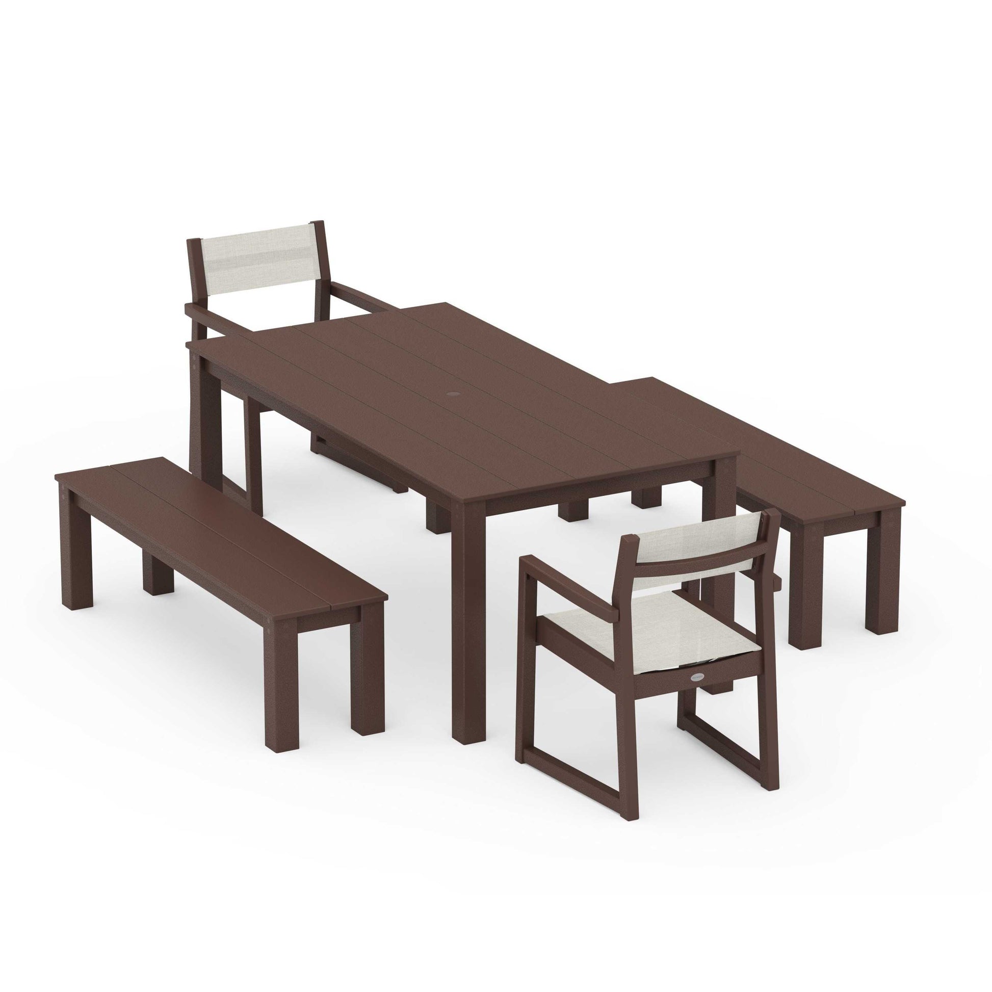 POLYWOOD EDGE Sling Arm Chair 5-Piece Parsons Dining Set with Benches — Mahogany / Parchment Sling