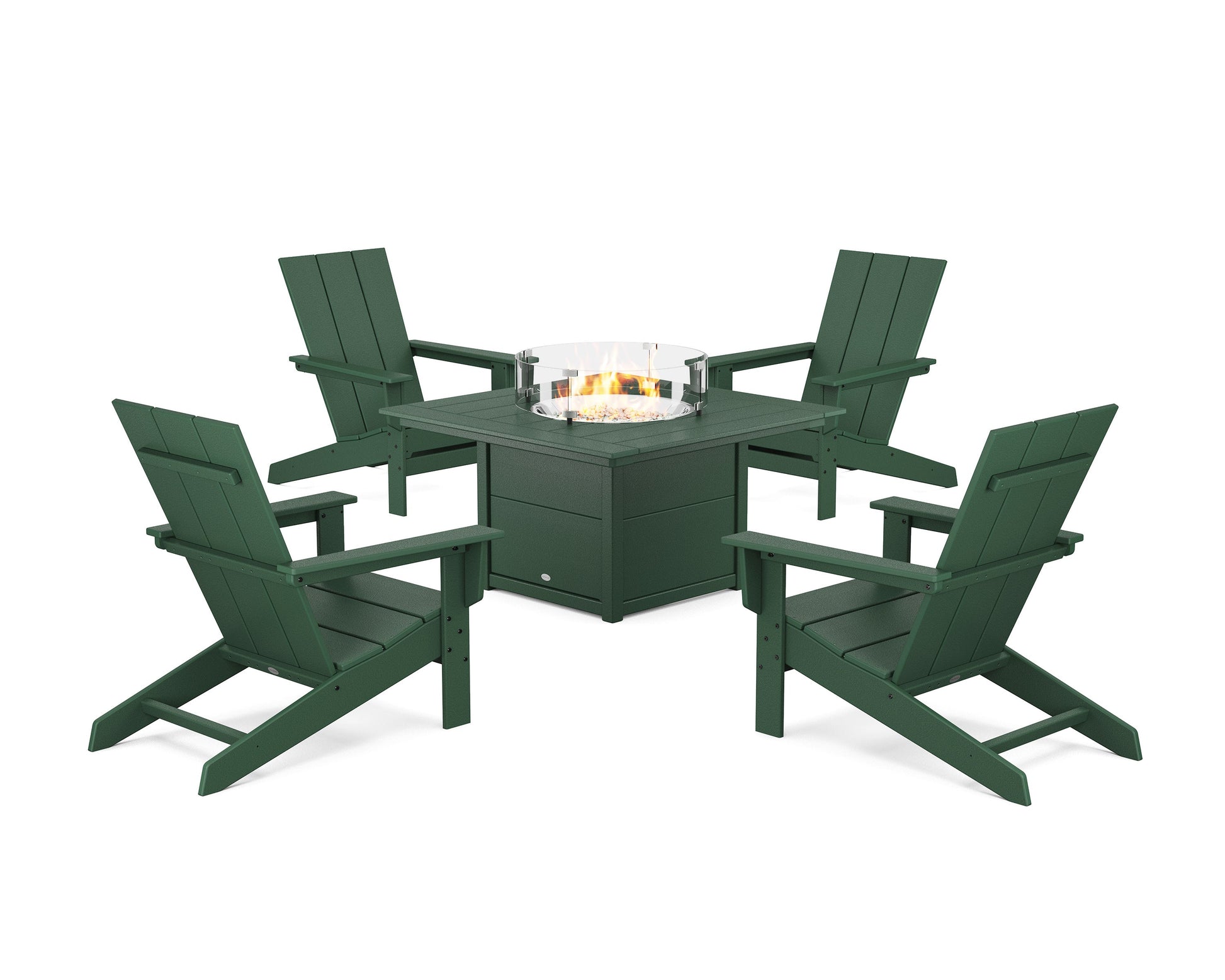 POLYWOOD 5-Piece Modern Studio Adirondack Conversation Set with Fire Pit Table — Green