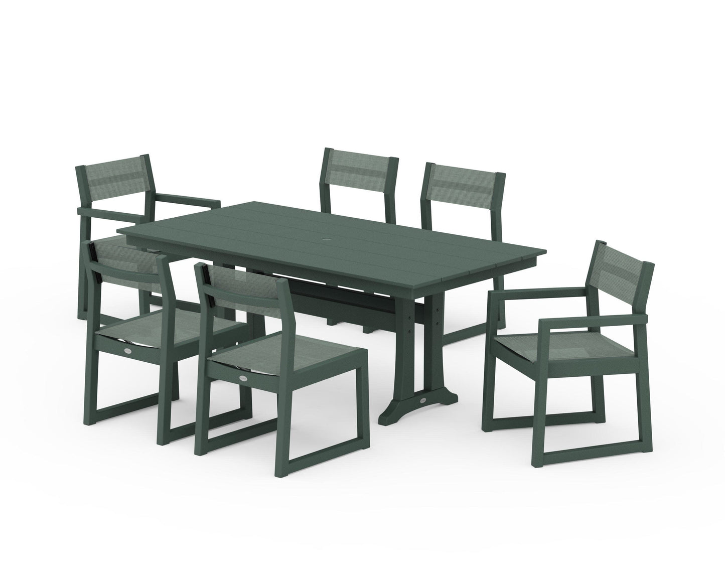 POLYWOOD EDGE Sling 7-Piece Farmhouse Trestle Dining Set — Green / Dupioni Sea Mist Sling