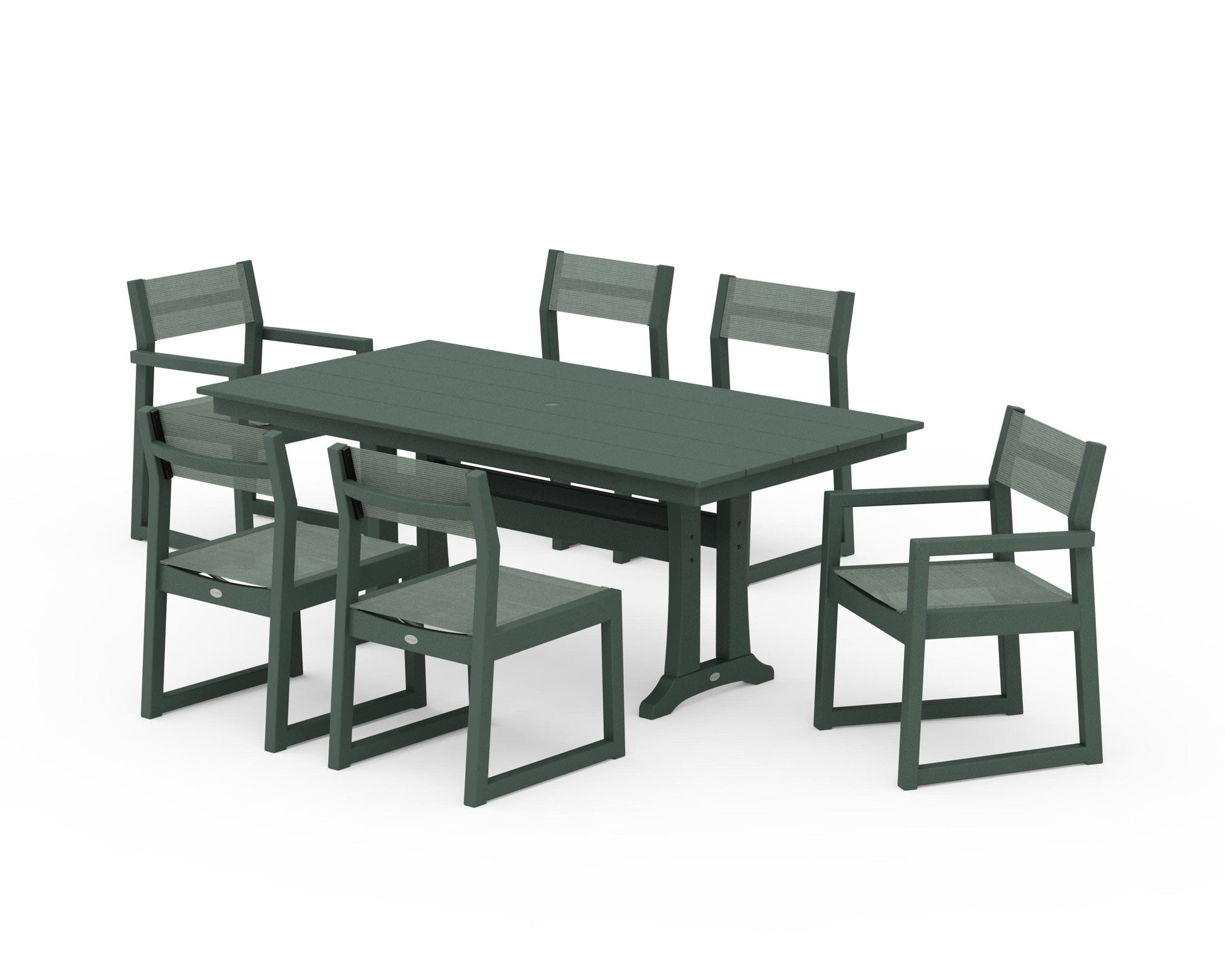 POLYWOOD EDGE Sling 7-Piece Farmhouse Trestle Dining Set — Green / Dupioni Sea Mist Sling