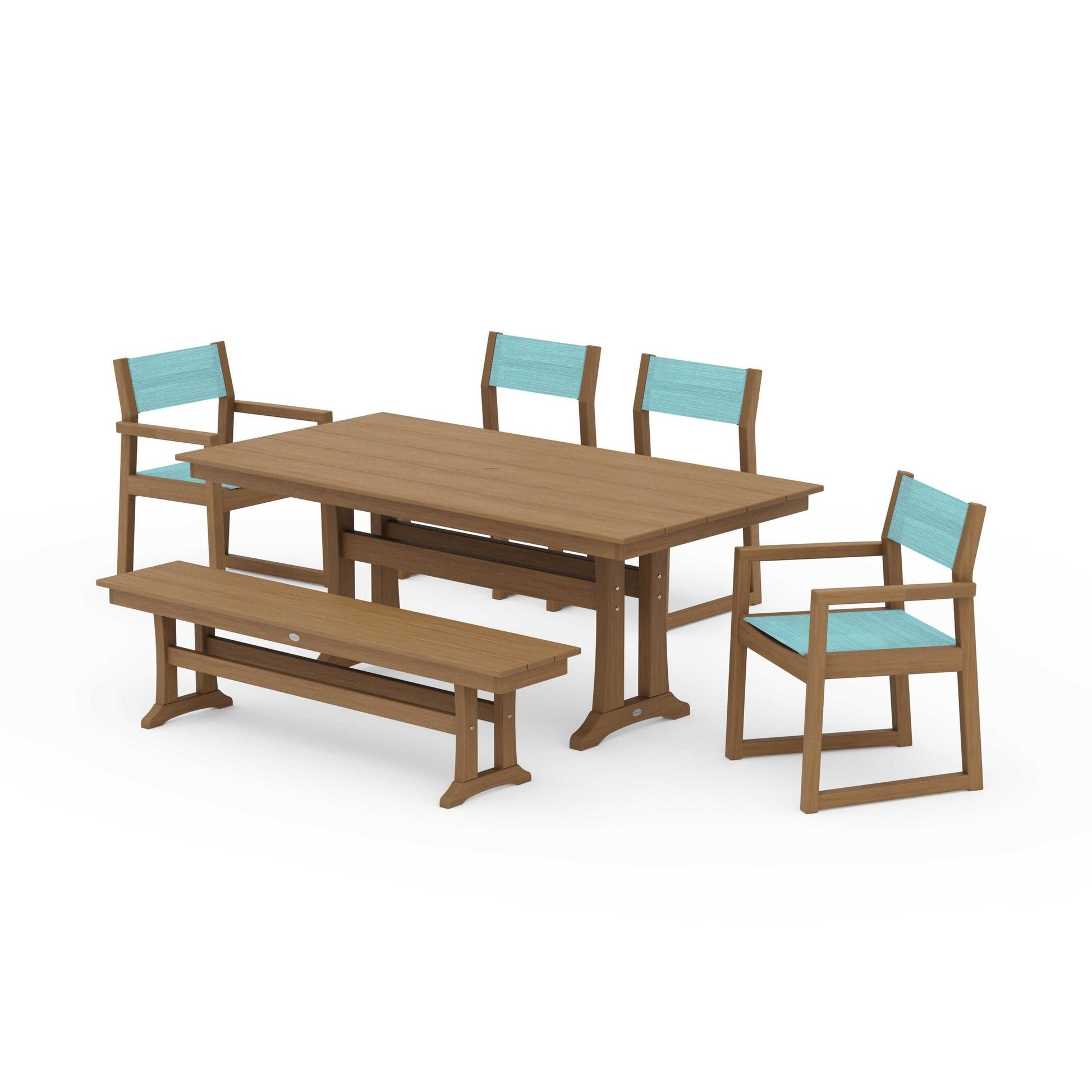 POLYWOOD EDGE Sling 6-Piece Farmhouse Dining Set With Trestle Legs — Natural / Dupioni Aquamarine Sling