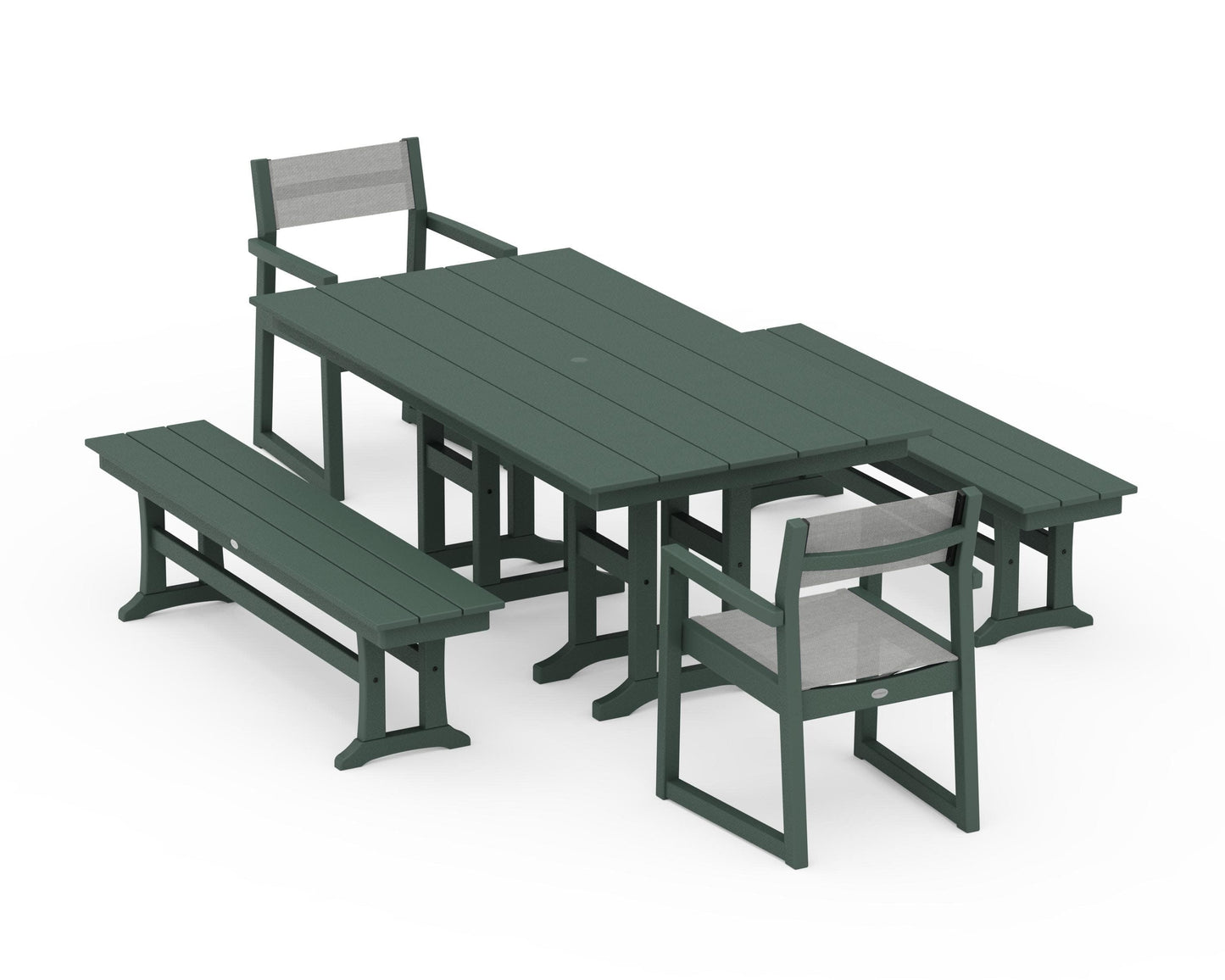 POLYWOOD EDGE Sling Arm Chair 5-Piece Farmhouse Dining Set with Benches — Green / Metallic Sling