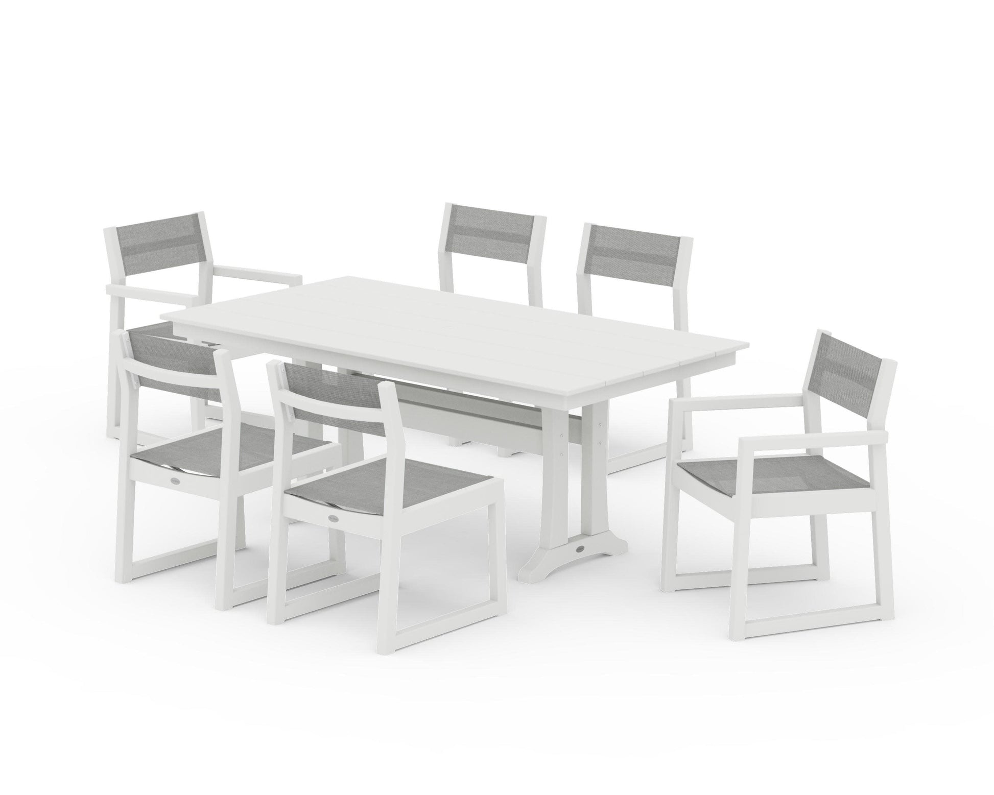 POLYWOOD EDGE Sling 7-Piece Farmhouse Trestle Dining Set — Vintage White / Metallic Sling