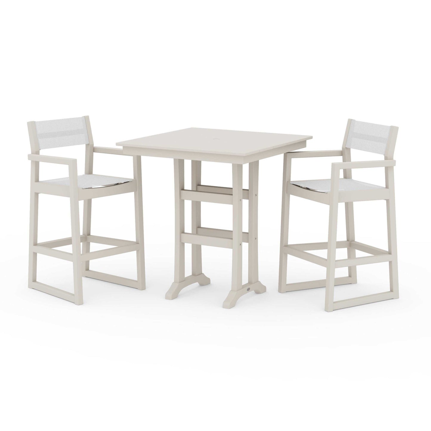 POLYWOOD EDGE Sling Arm Chair 3-Piece Farmhouse Bar Set with Trestle Legs — Sand / White Sling