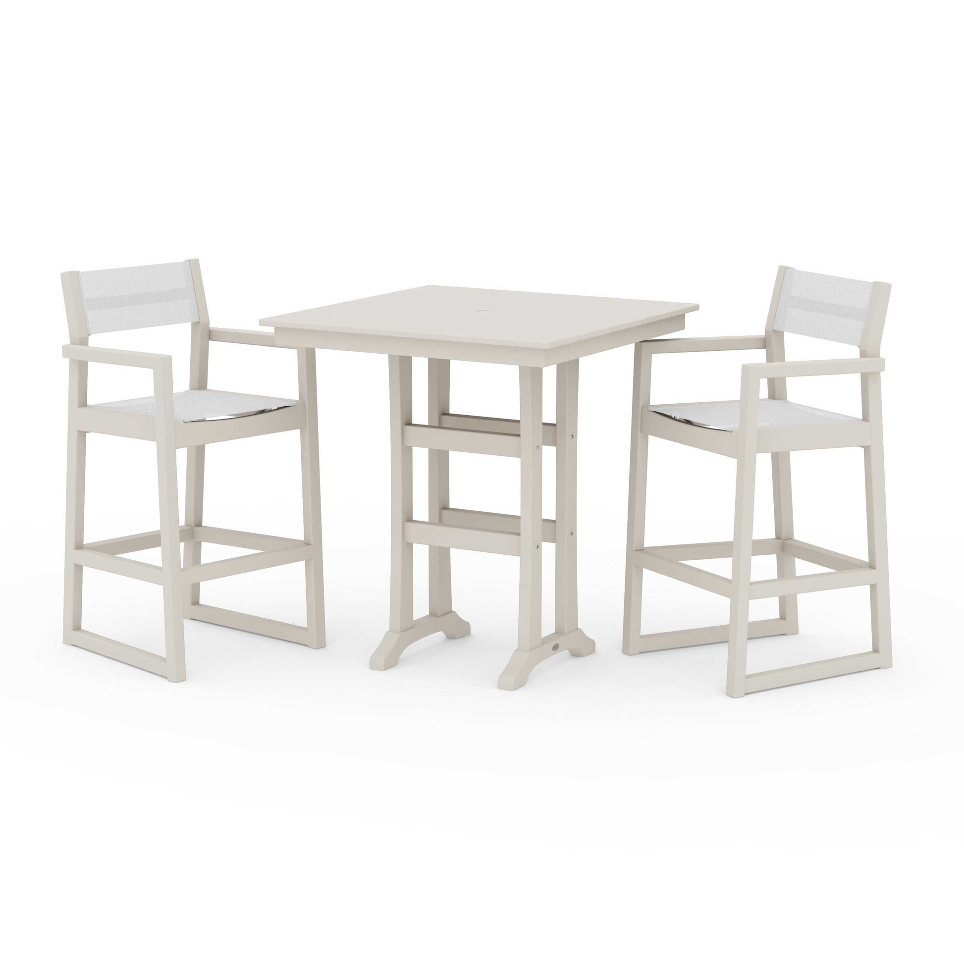 POLYWOOD EDGE Sling Arm Chair 3-Piece Farmhouse Bar Set with Trestle Legs — Sand / White Sling