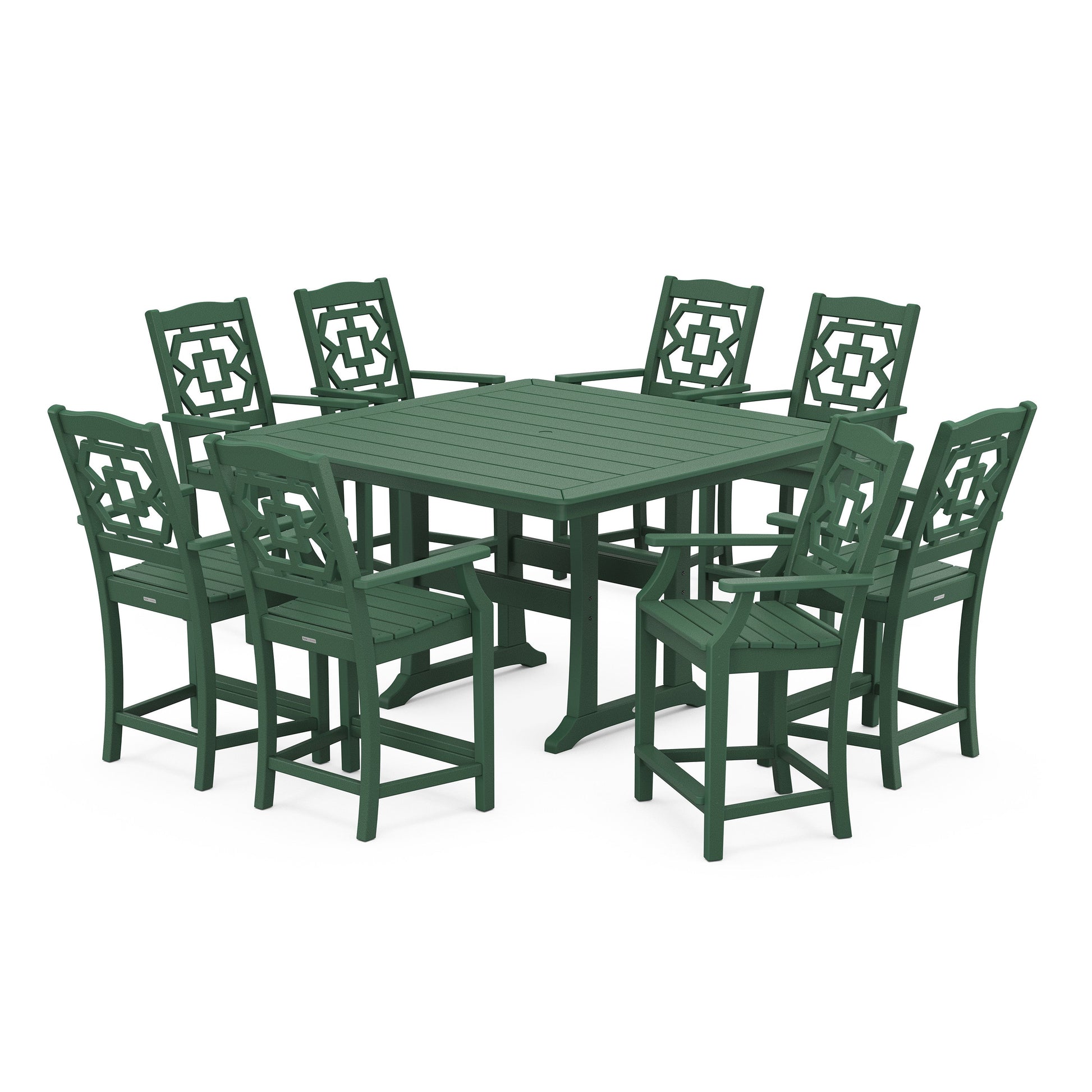 POLYWOOD Chinoiserie 9-Piece Square Counter Set with Trestle Legs — Green
