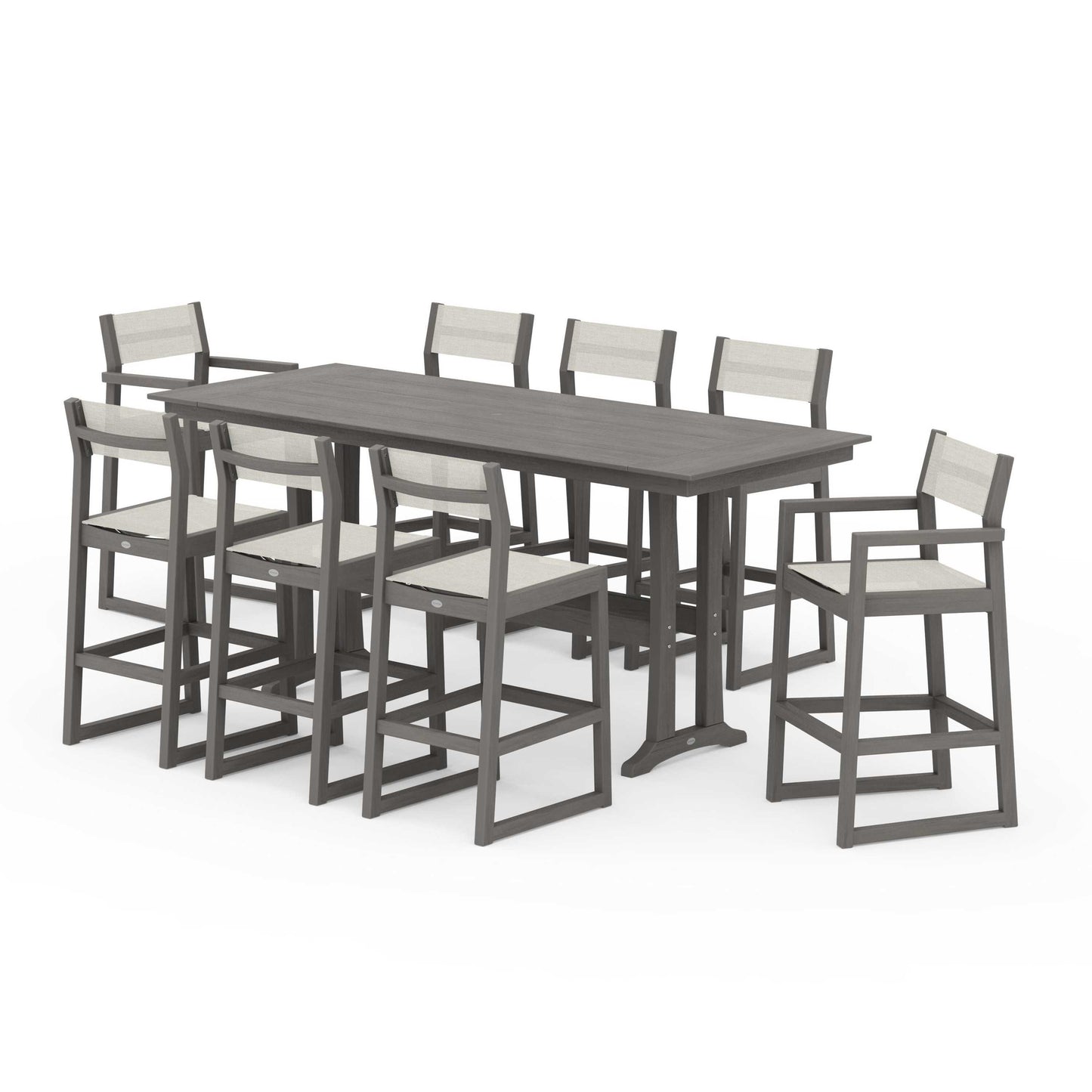 POLYWOOD EDGE Sling 9-Piece Farmhouse Bar Set with Trestle Legs — Driftwood / Parchment Sling