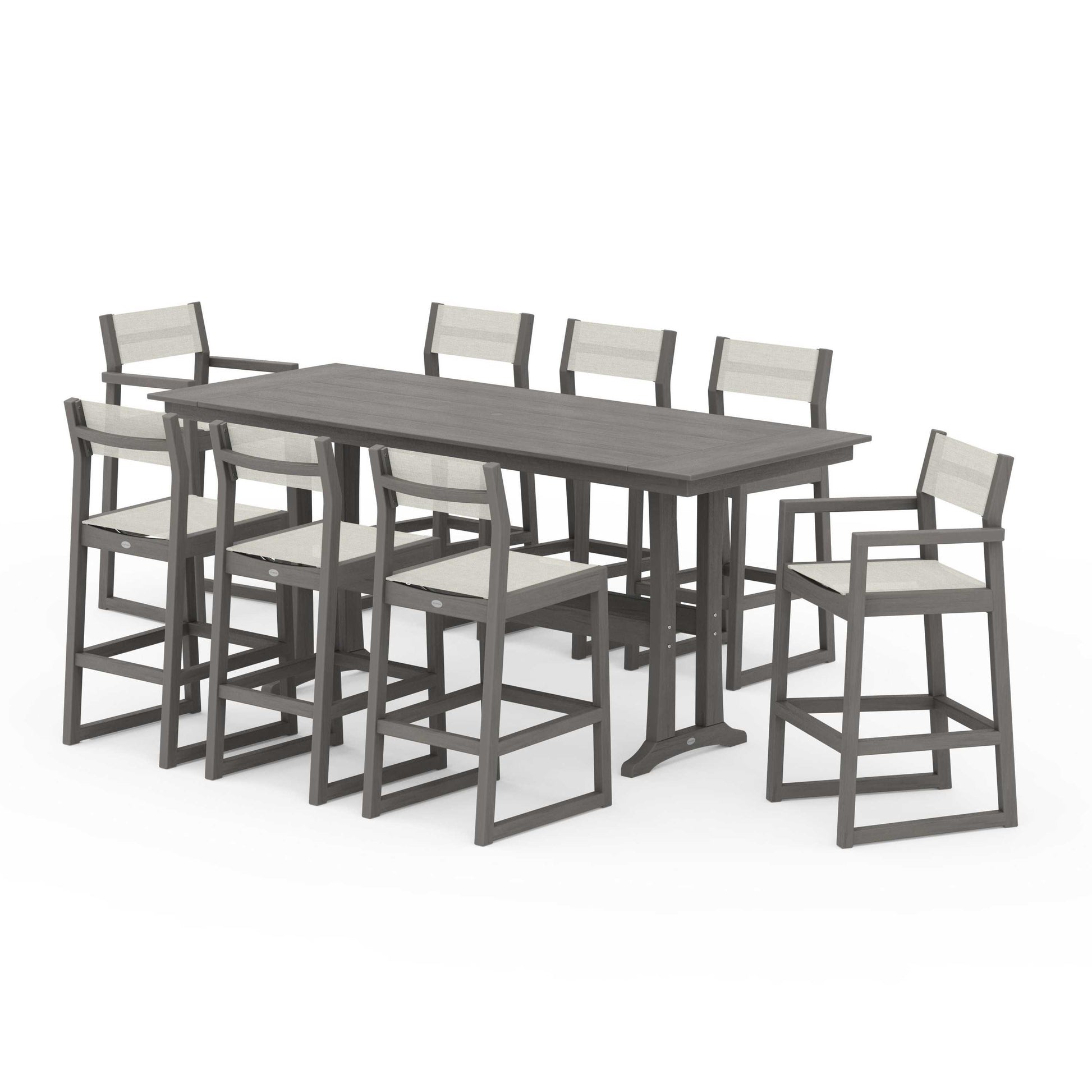 POLYWOOD EDGE Sling 9-Piece Farmhouse Bar Set with Trestle Legs — Driftwood / Parchment Sling