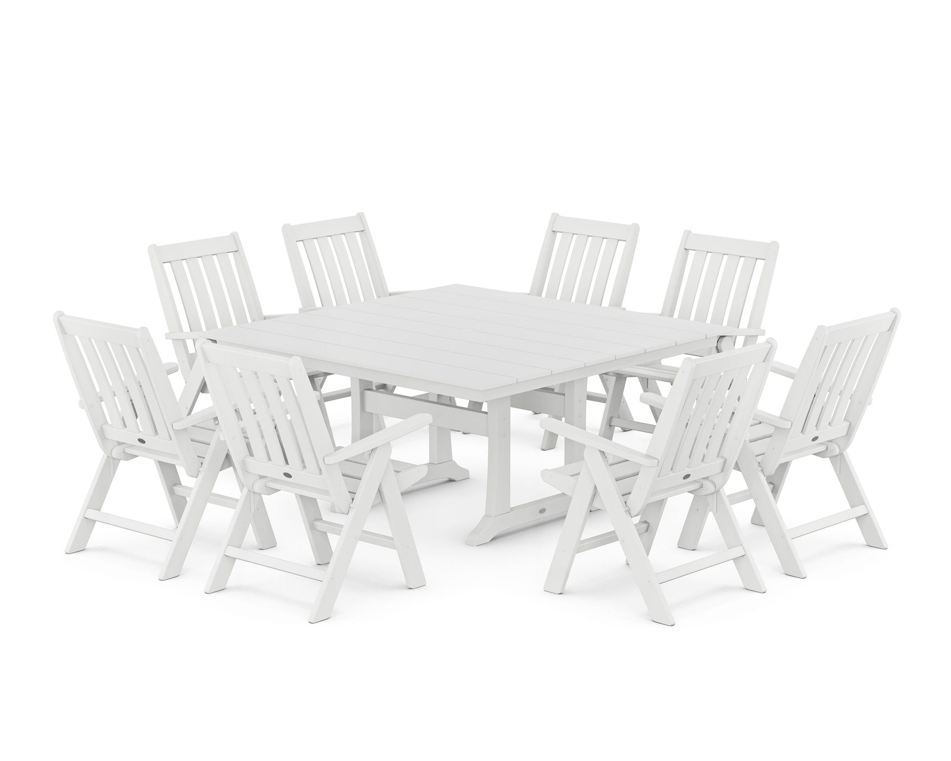 POLYWOOD Vineyard Folding Chair 9-Piece Square Farmhouse Dining Set with Trestle Legs — White