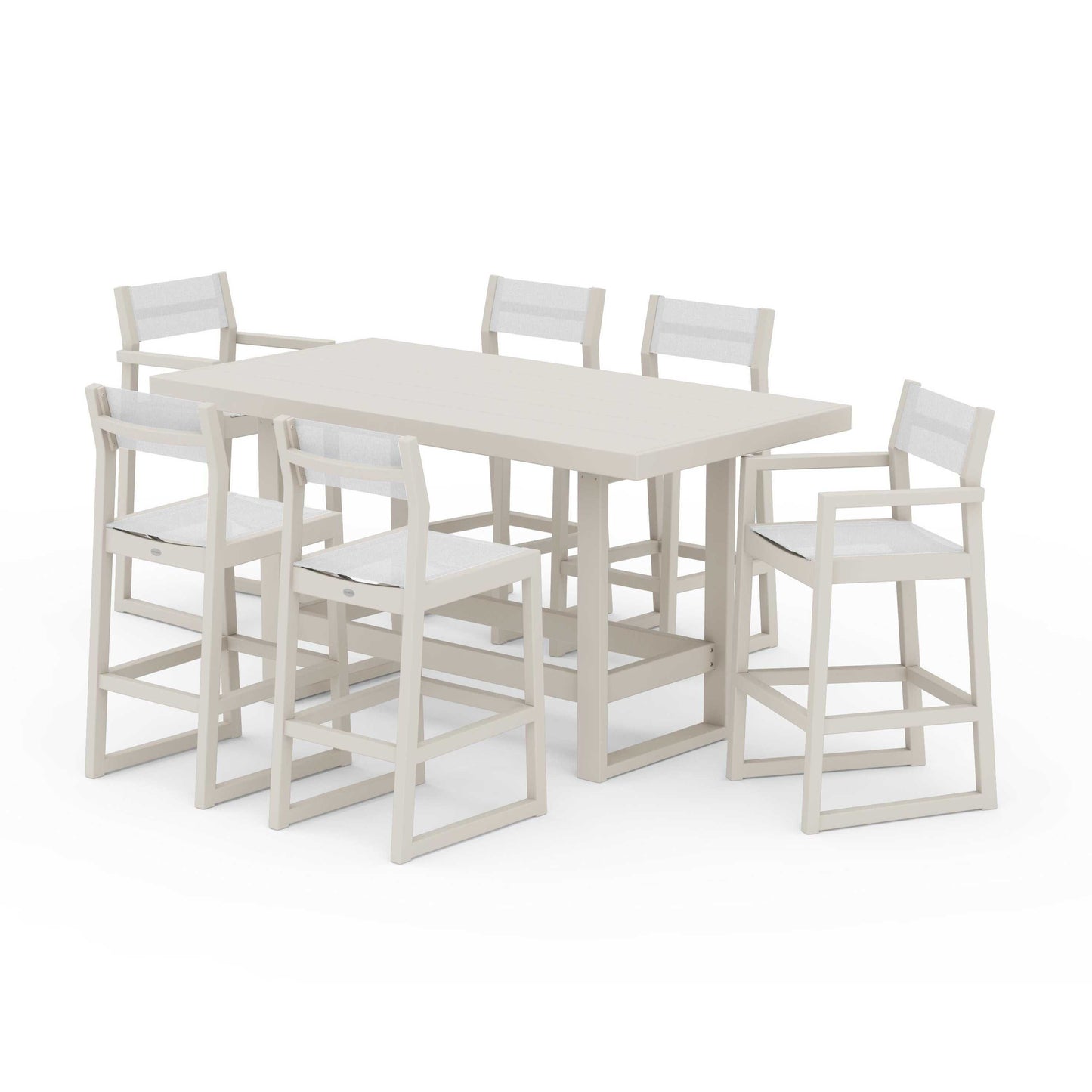 POLYWOOD EDGE Sling 7-Piece Bar Table Set — Sand / White Sling