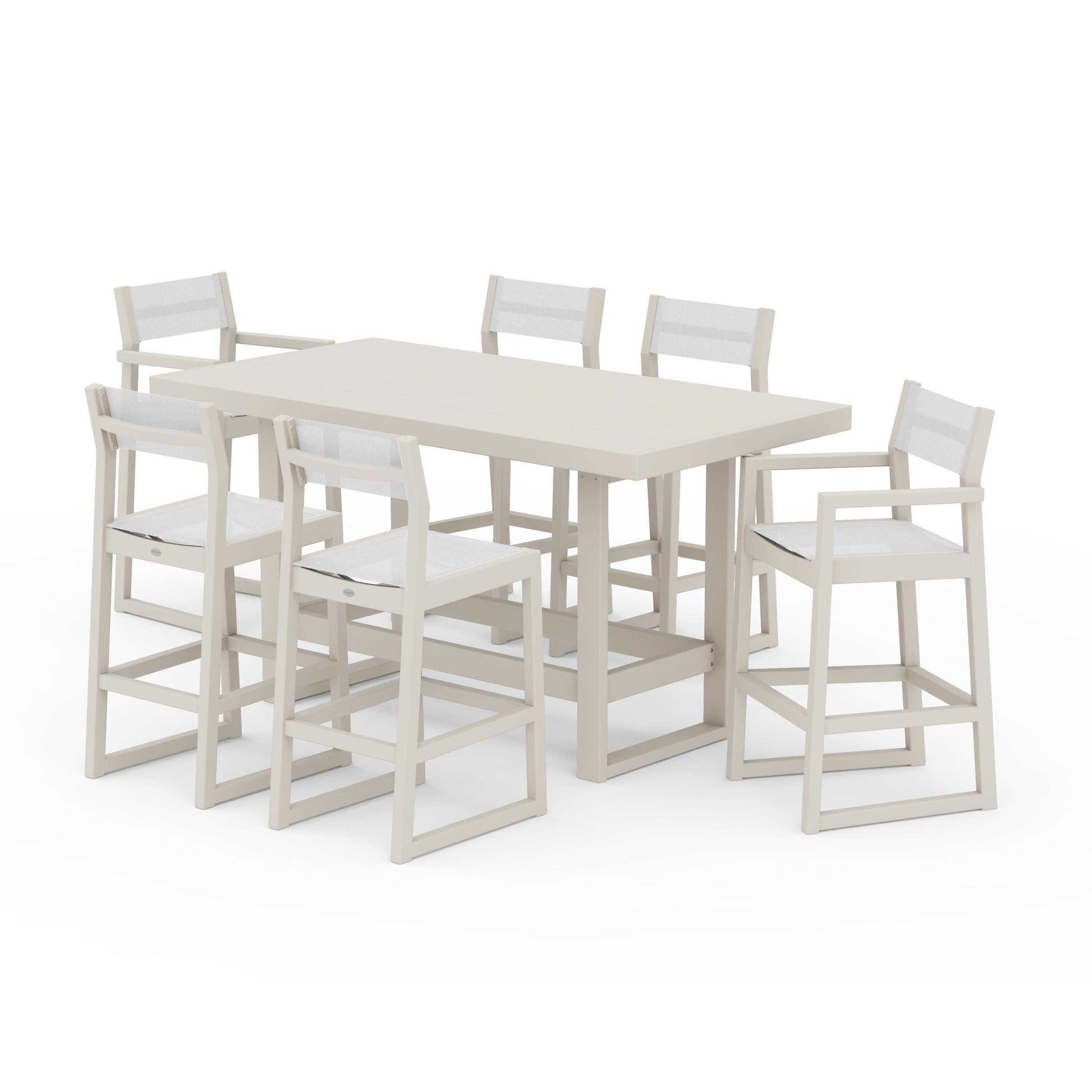 POLYWOOD EDGE Sling 7-Piece Bar Table Set — Sand / White Sling