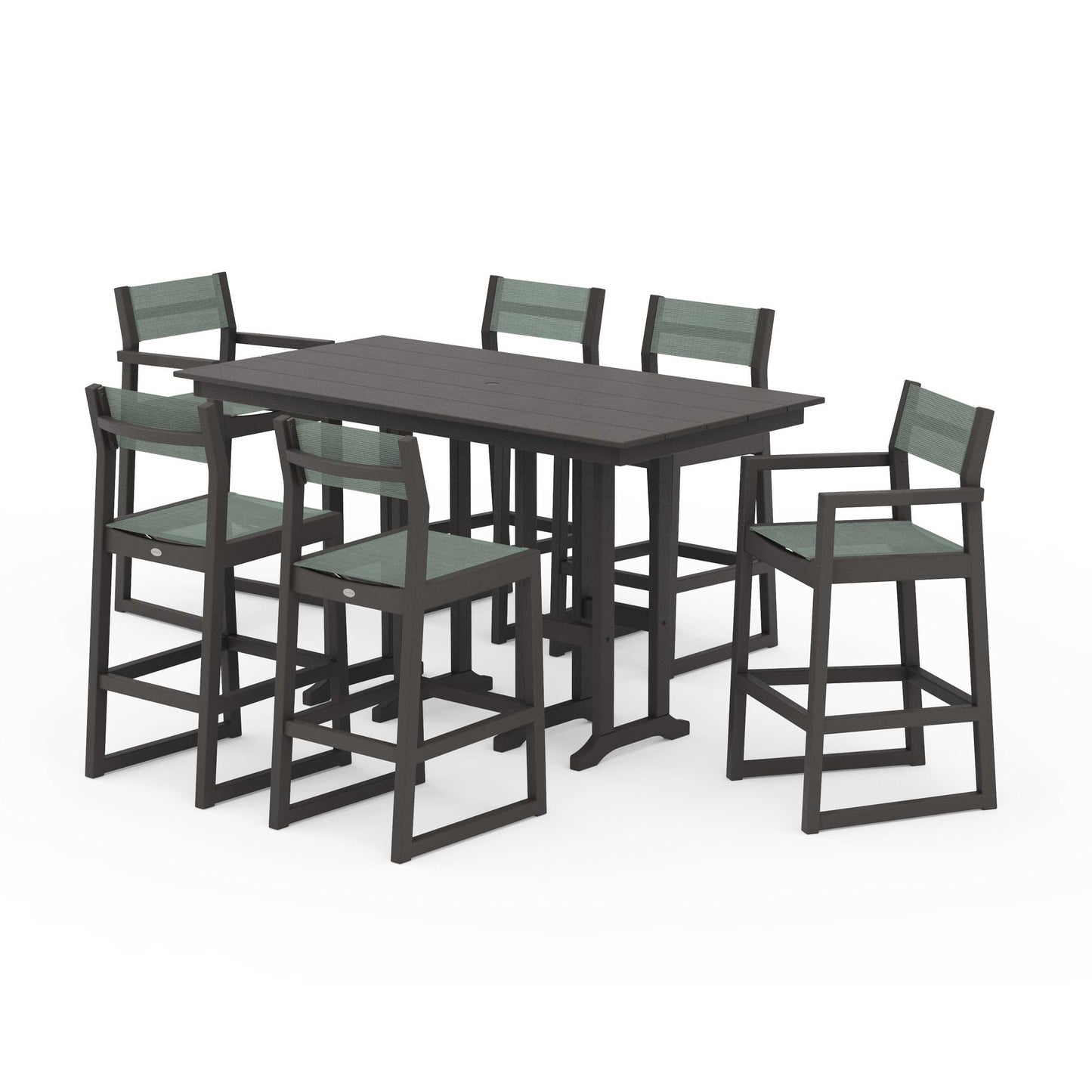 POLYWOOD EDGE Sling 7-Piece Farmhouse Bar Set — Vintage Coffee / Dupioni Sea Mist Sling
