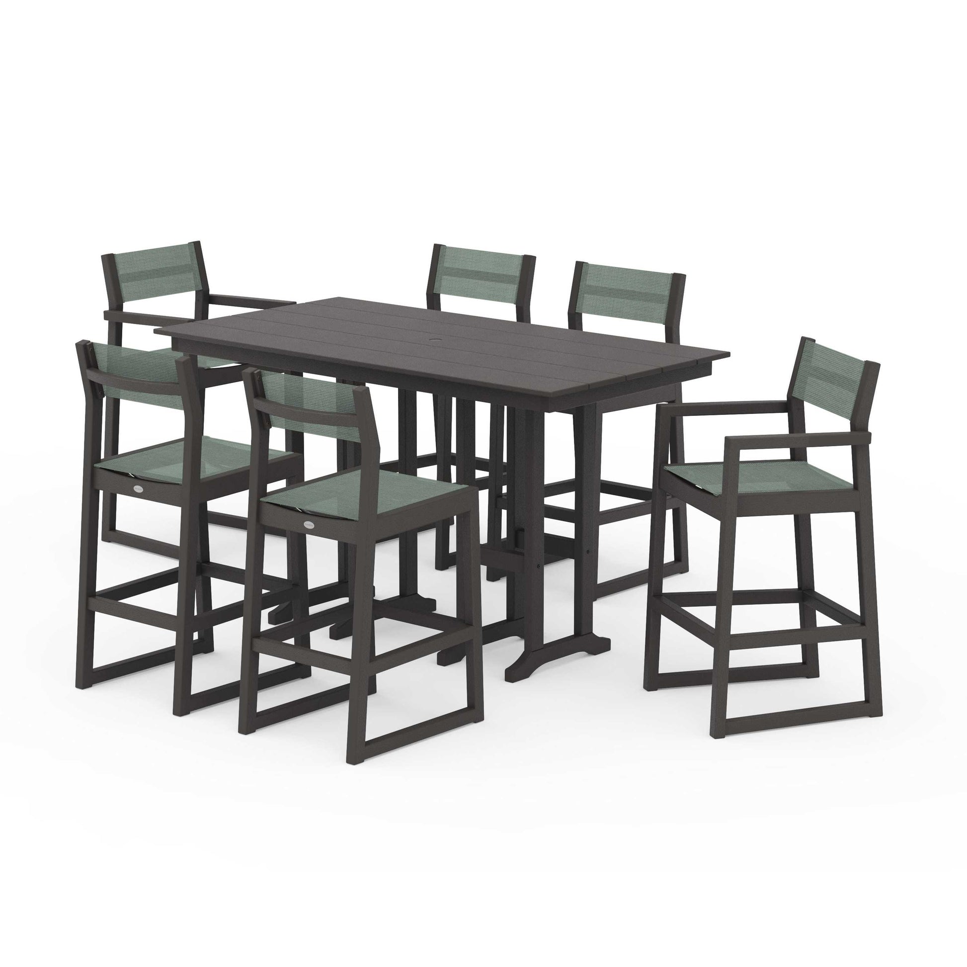 POLYWOOD EDGE Sling 7-Piece Farmhouse Bar Set — Vintage Coffee / Dupioni Sea Mist Sling