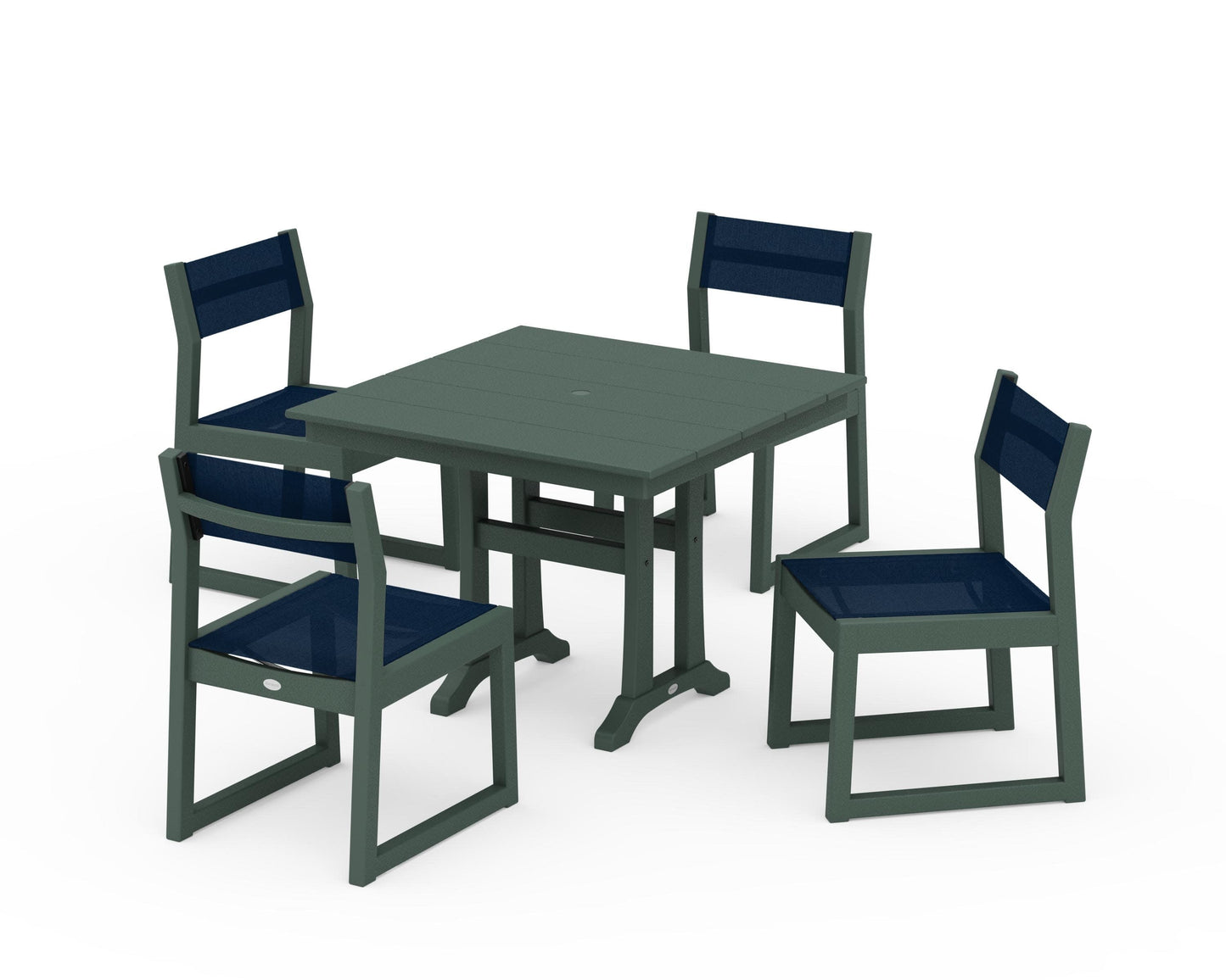 POLYWOOD EDGE Sling 5-Piece Farmhouse Trestle Side Chair Dining Set — Green / Navy Blue Sling