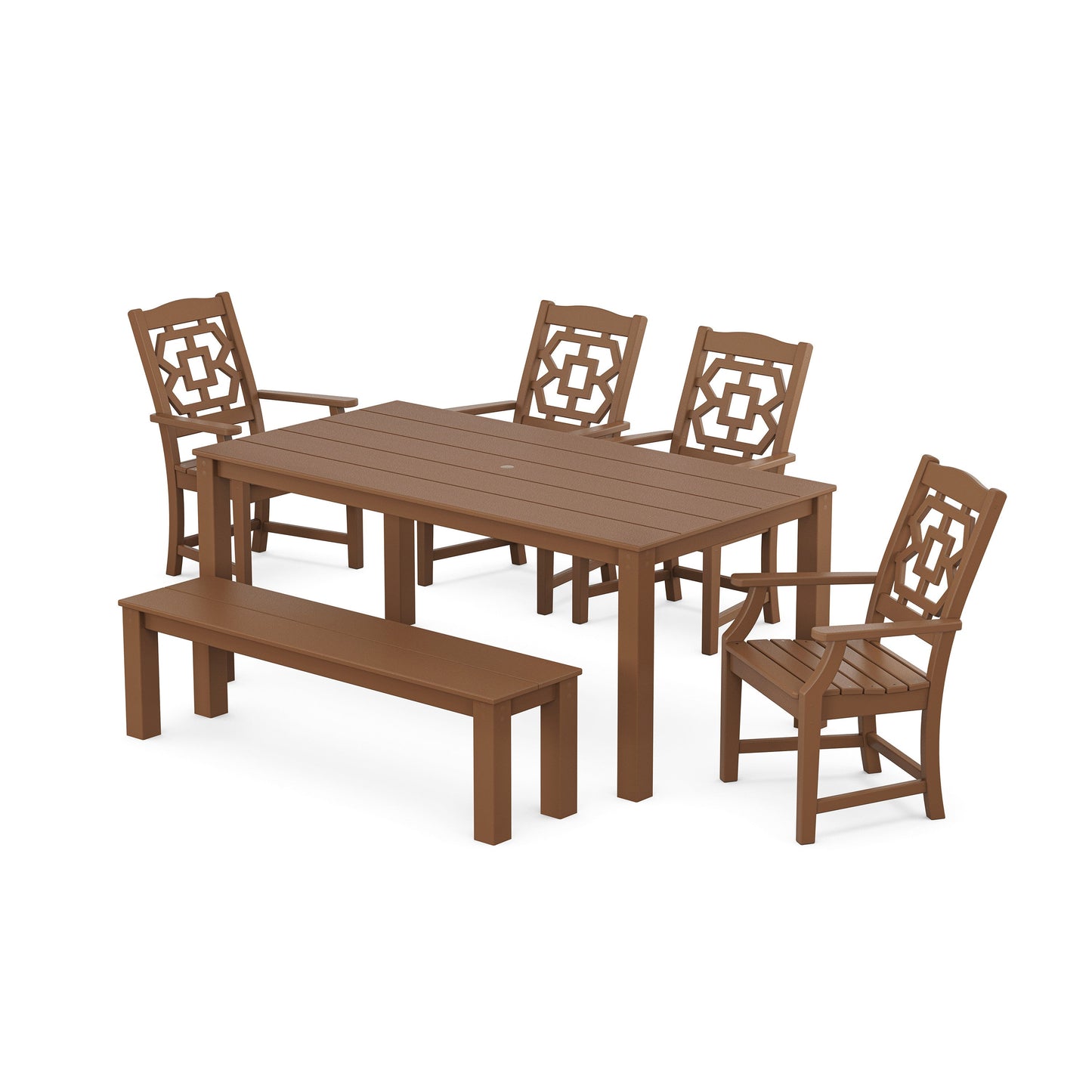 POLYWOOD Chinoiserie 6-Piece Parsons Dining Set with Bench — Teak