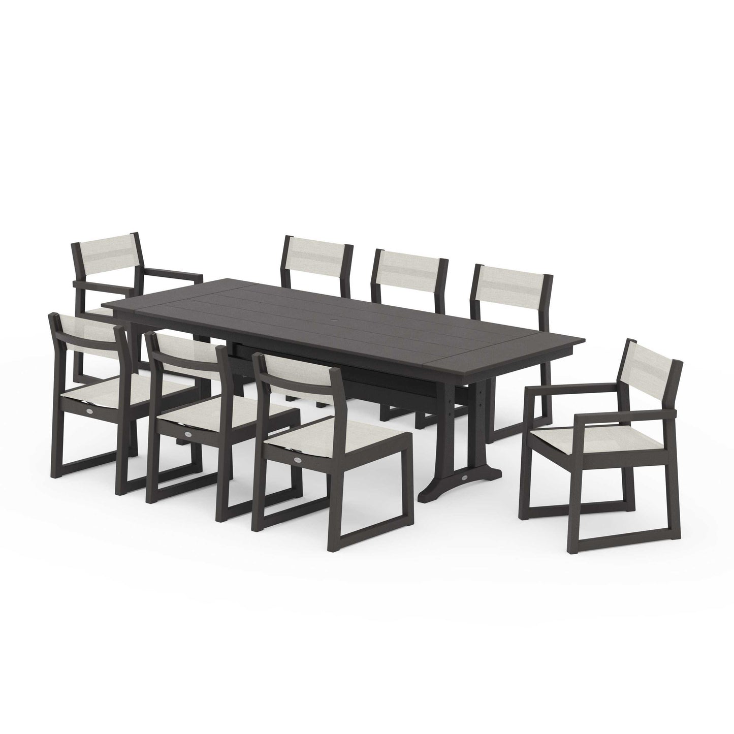 POLYWOOD EDGE Sling 9-Piece Farmhouse Trestle Dining Set — Vintage Coffee / Parchment Sling