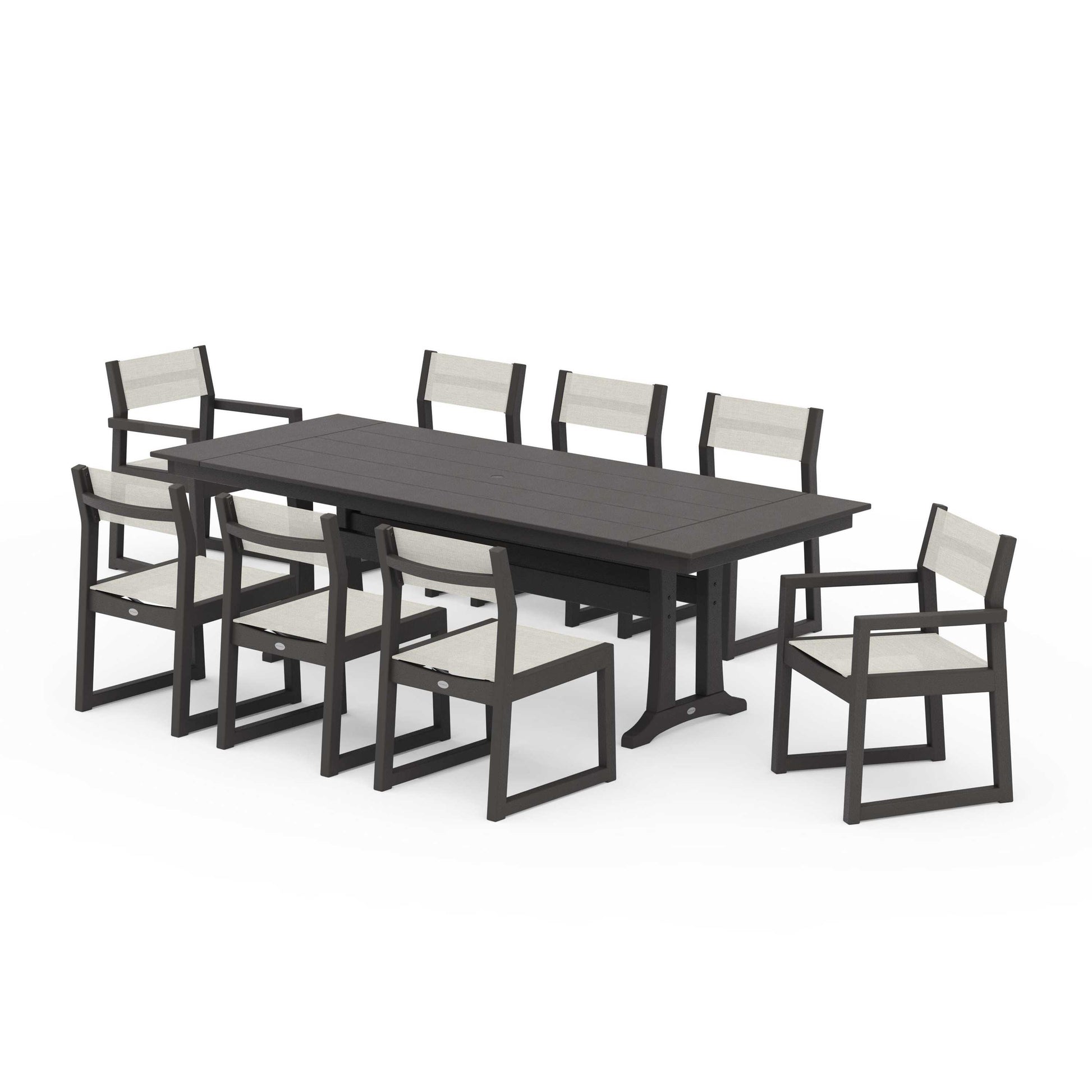 POLYWOOD EDGE Sling 9-Piece Farmhouse Trestle Dining Set — Vintage Coffee / Parchment Sling