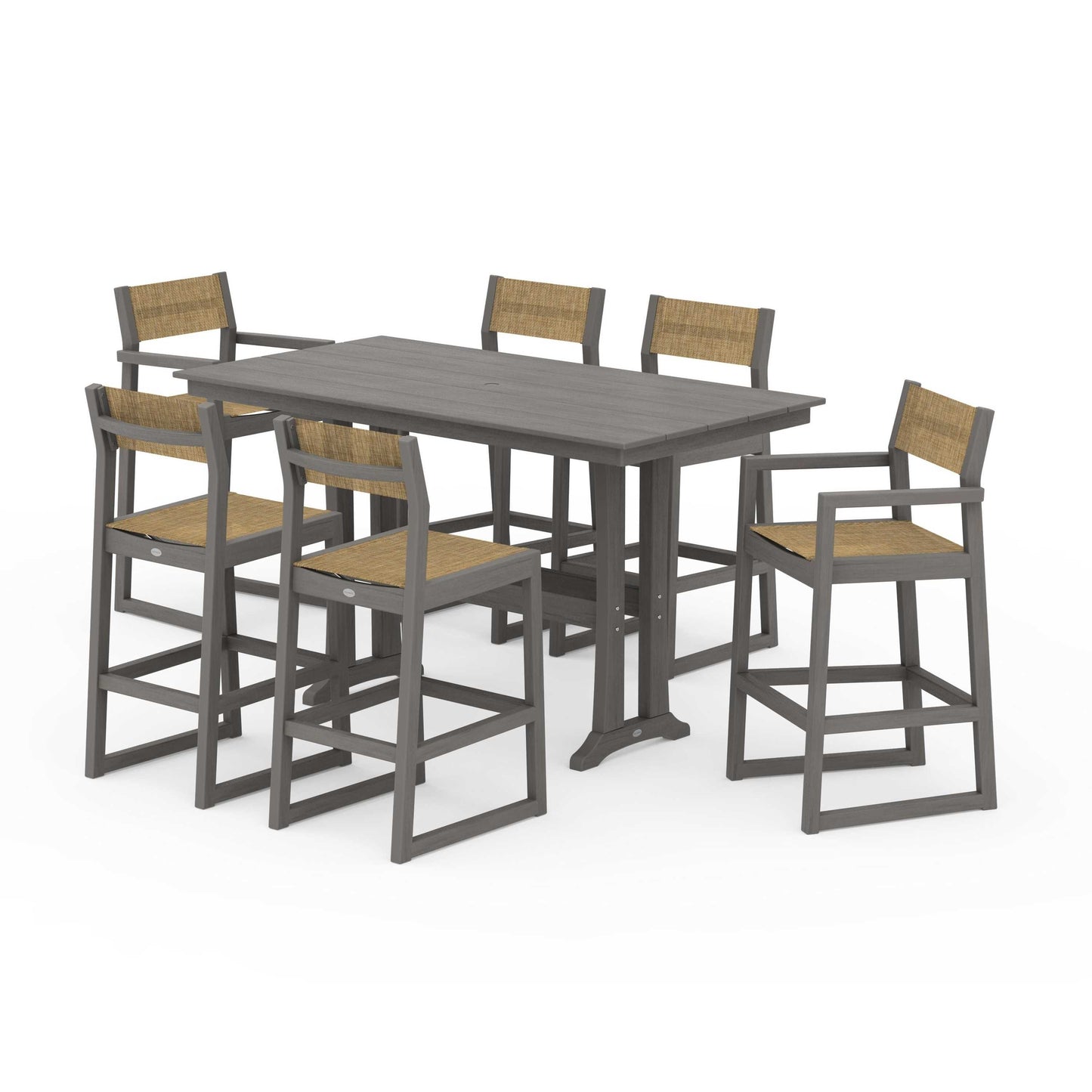 POLYWOOD EDGE Sling 7-Piece Farmhouse Bar Set with Trestle Legs — Driftwood / Burlap Sling