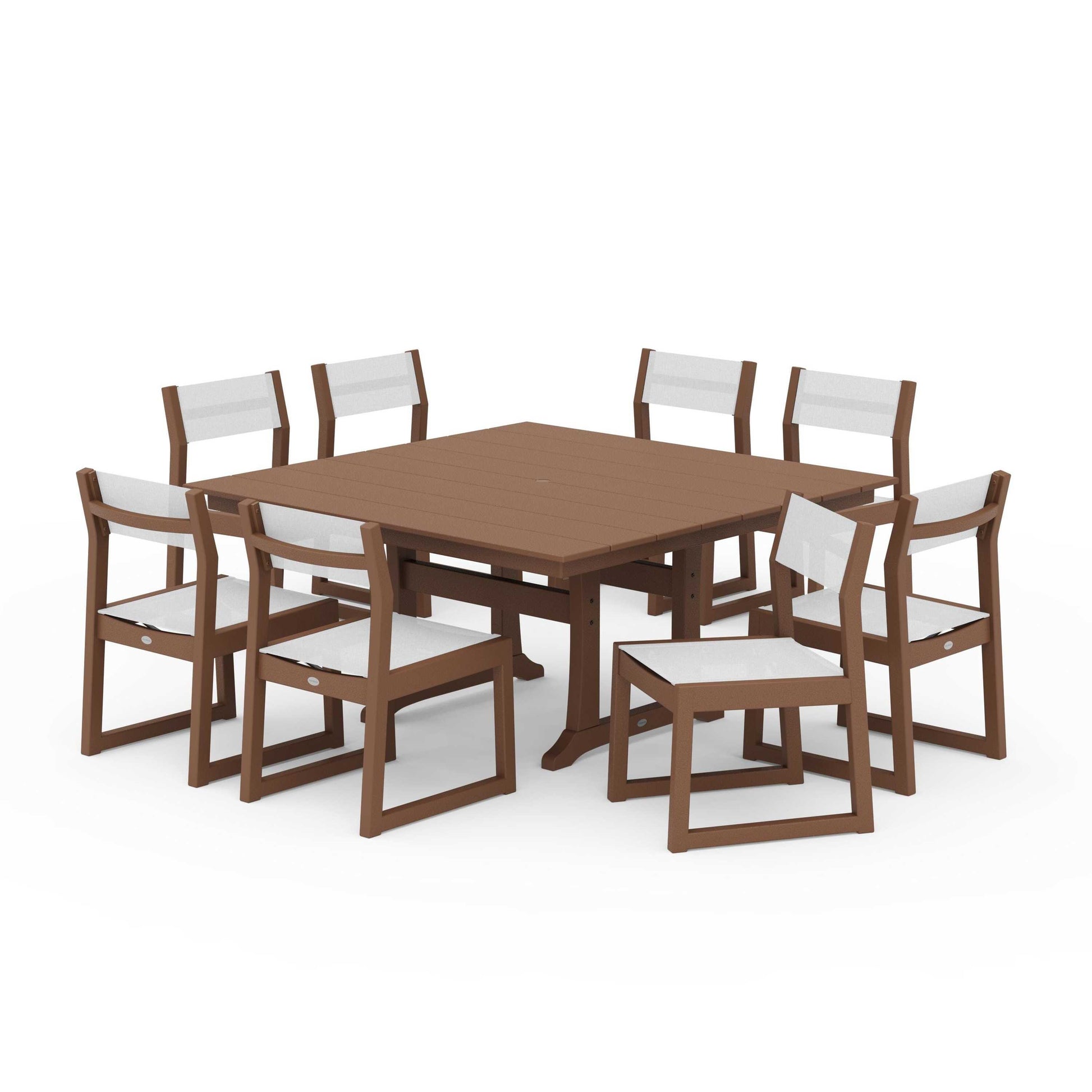 POLYWOOD EDGE Sling Side Chair 9-Piece Farmhouse Trestle Dining Set — Teak / White Sling