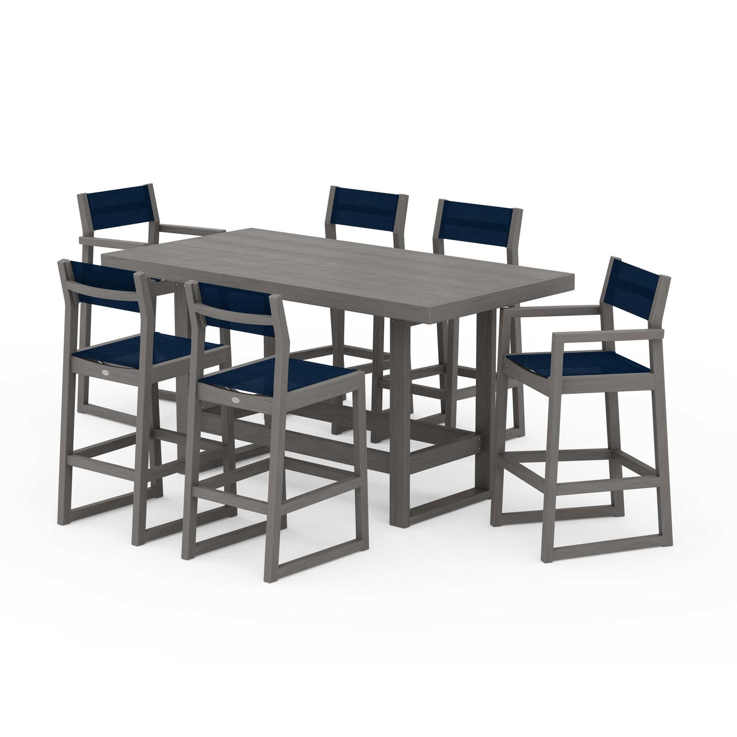 POLYWOOD EDGE Sling 7-Piece Bar Table Set — Driftwood / Navy Blue Sling