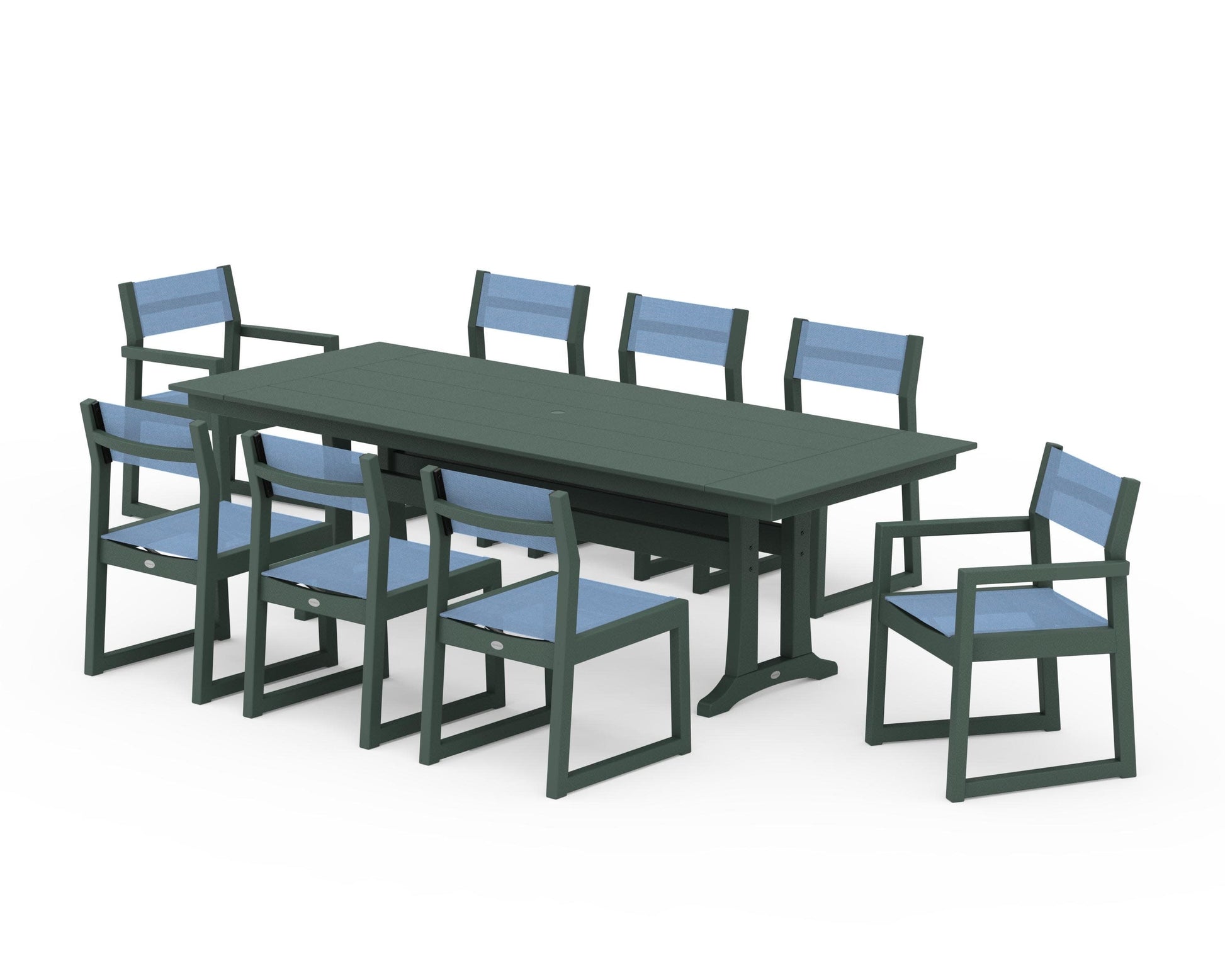 POLYWOOD EDGE Sling 9-Piece Farmhouse Trestle Dining Set — Green / Poolside Sling