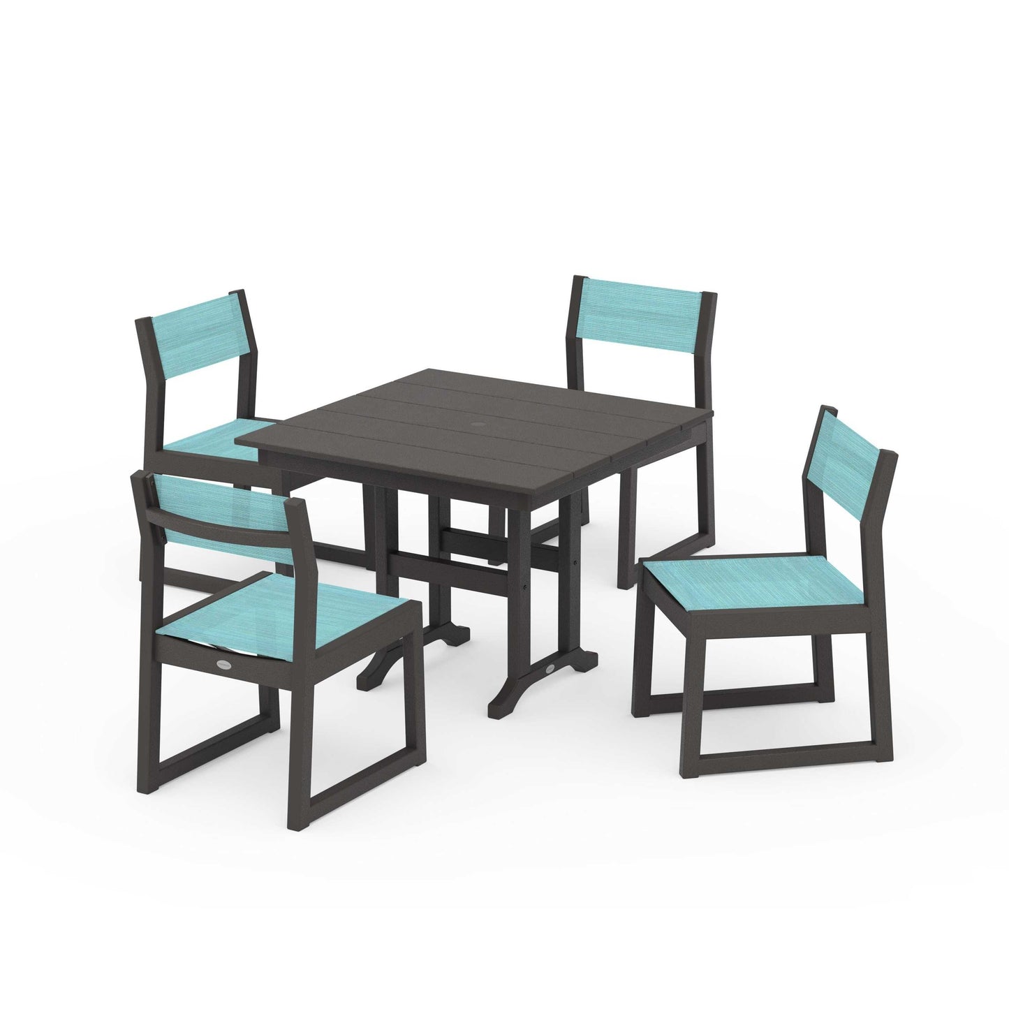 POLYWOOD EDGE Sling Side Chair 5-Piece Farmhouse Dining Set — Vintage Coffee / Dupioni Aquamarine Sling