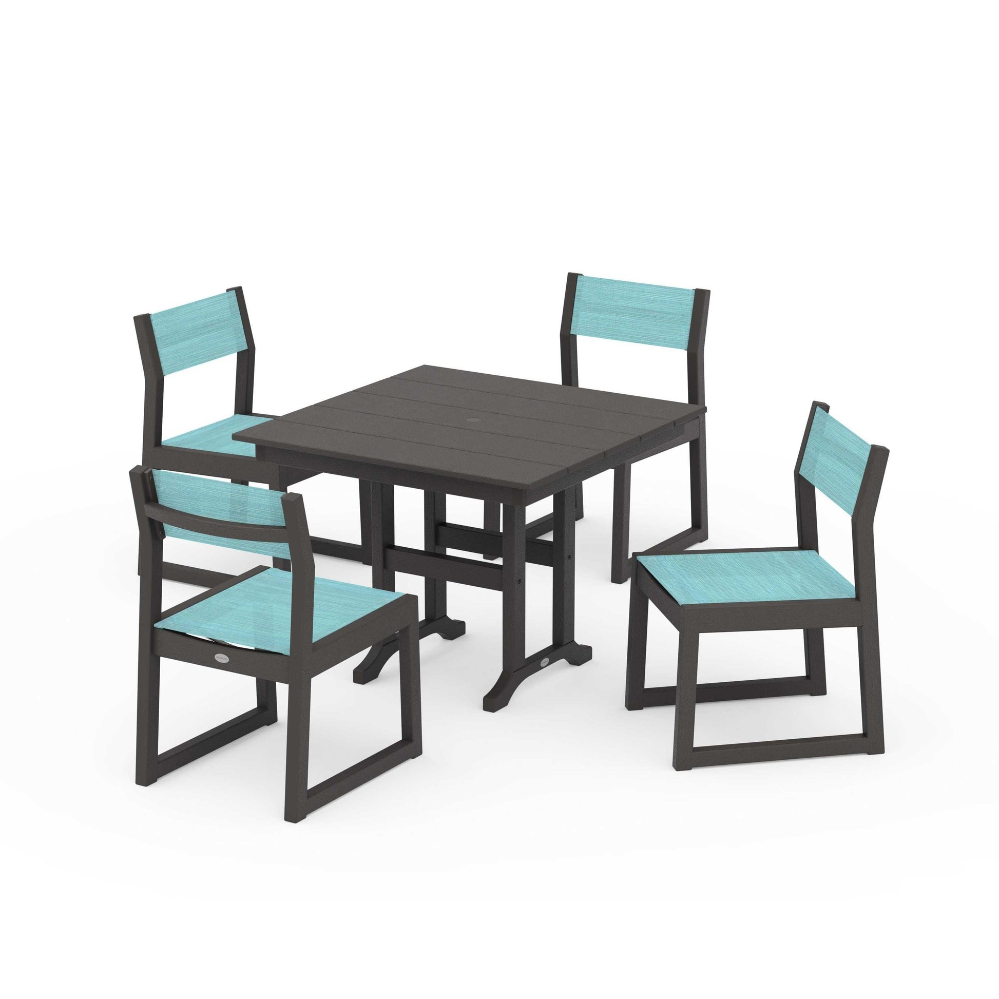 POLYWOOD EDGE Sling Side Chair 5-Piece Farmhouse Dining Set — Vintage Coffee / Dupioni Aquamarine Sling