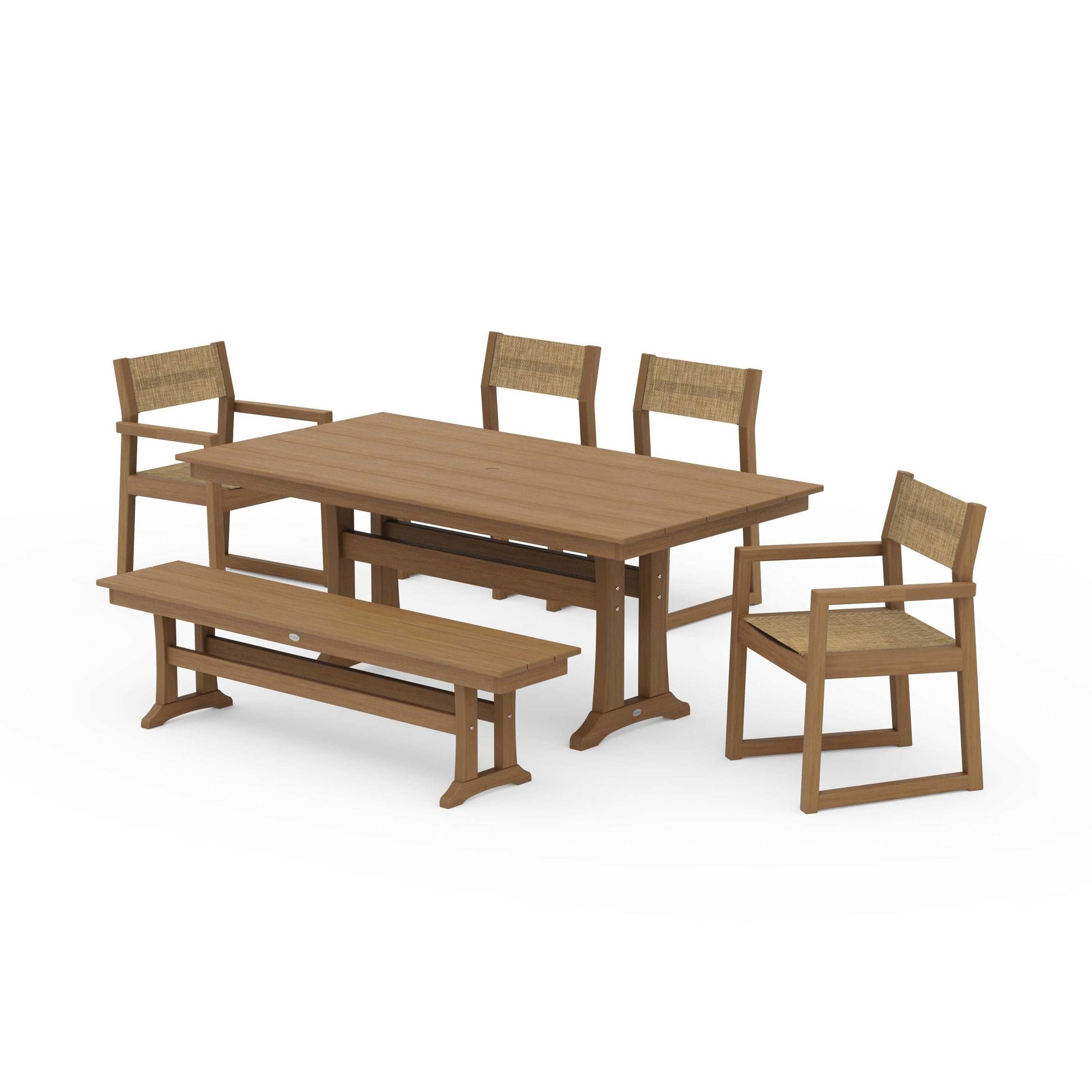 POLYWOOD EDGE Sling 6-Piece Farmhouse Dining Set With Trestle Legs — Natural / Burlap Sling