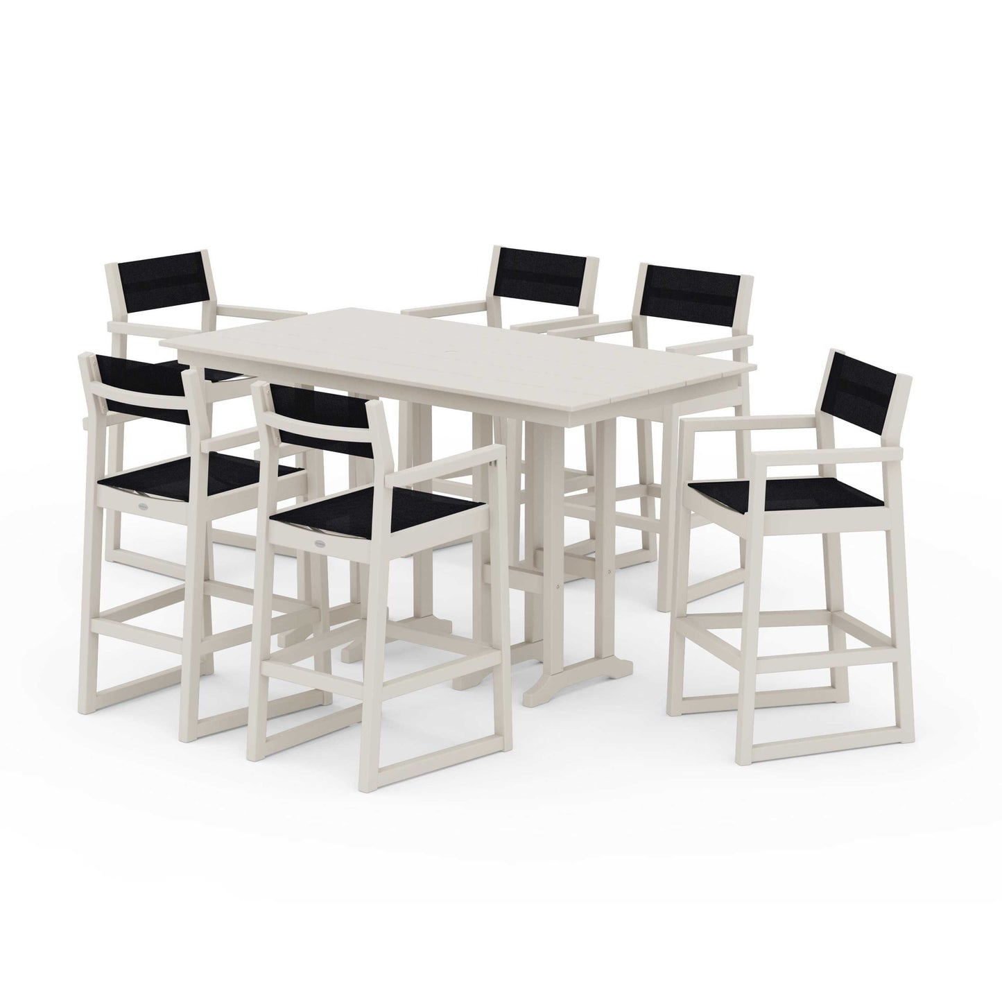 POLYWOOD EDGE Sling Arm Chair 7-Piece Farmhouse Bar Set — Sand / Black Sling